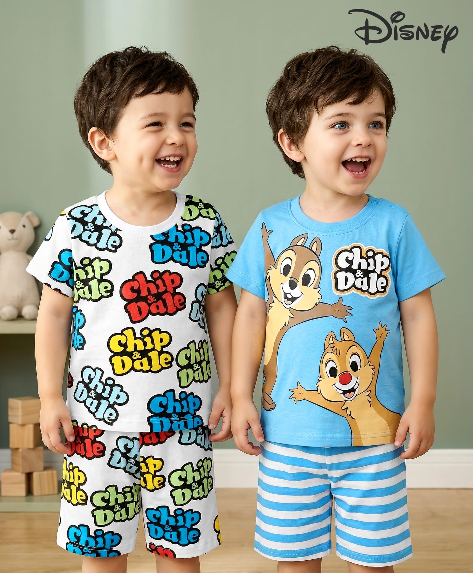 Babyhug Disney Single Jersey Knit Half Sleeves Shorts Night Suit with Chip & Dale Print Pack of 2 - Light Blue & White-image-11