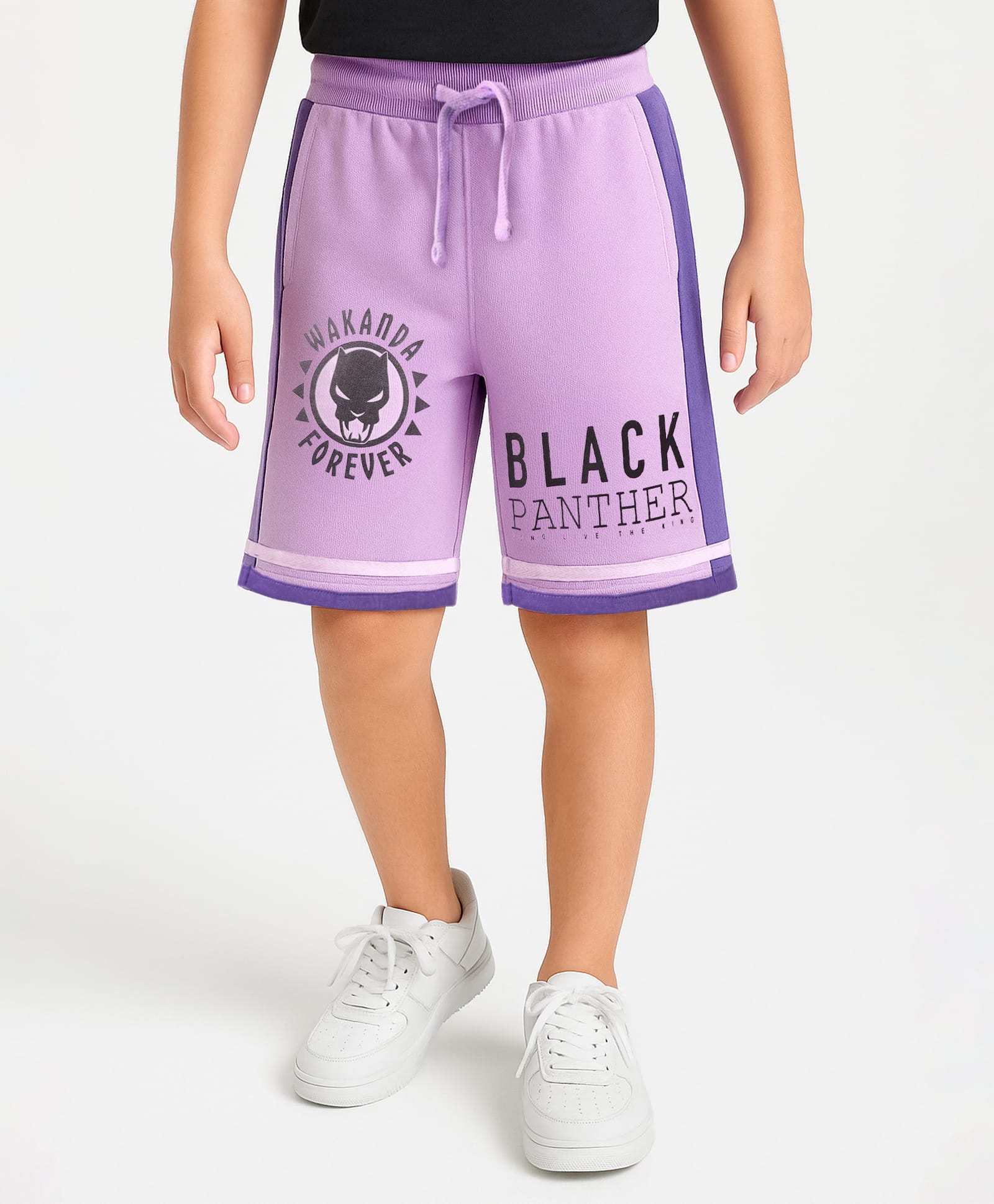 Pine Kids Marvel Terry Knit Knee Length Cut & Sew Shorts With Avengers Black Panther Graphics & Badge Detailing - Plum-picture-22
