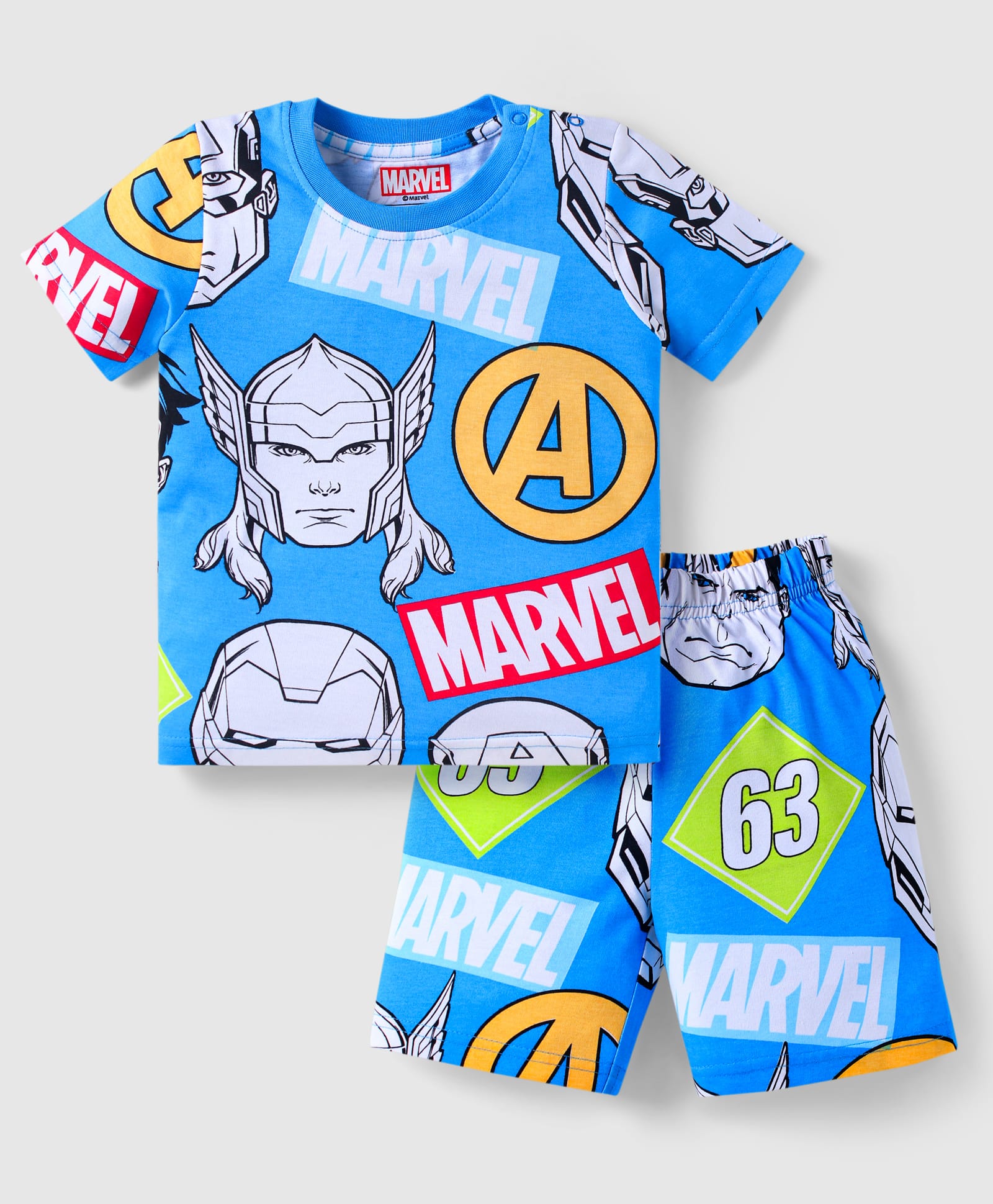 Babyhug Marvel Single Jersey Knit Half Sleeves Co-ords Shorts Night Suit with Avengers Graphics - Blue-picture-19