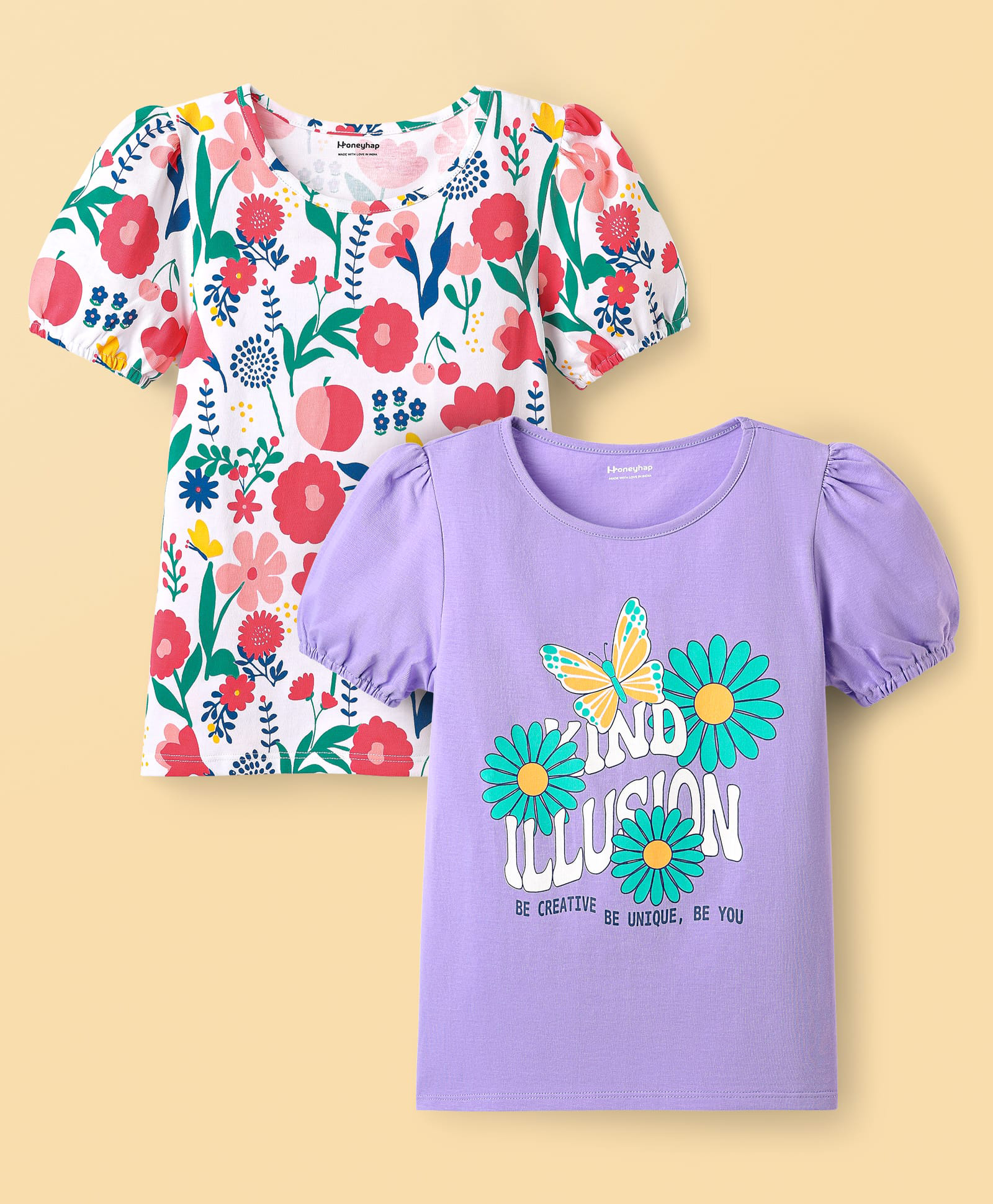 Honeyhap Premium 100% Cotton Knit Half Puffed Sleeves Tops with Bio Wash Tropical Theme Print Pack of 2 - Bright White & Lavender-picture-26