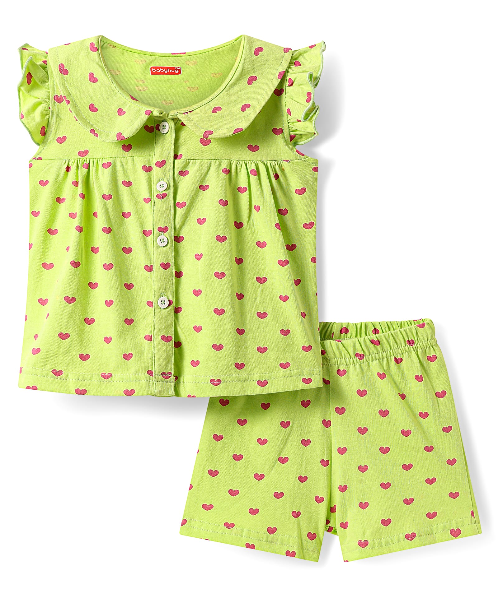 Babyhug Cotton Kit Frill Sleeves Co-ords Peter Pan Collared Front Open Shorts Night Suit with Hearts Print - Light Green-image-32
