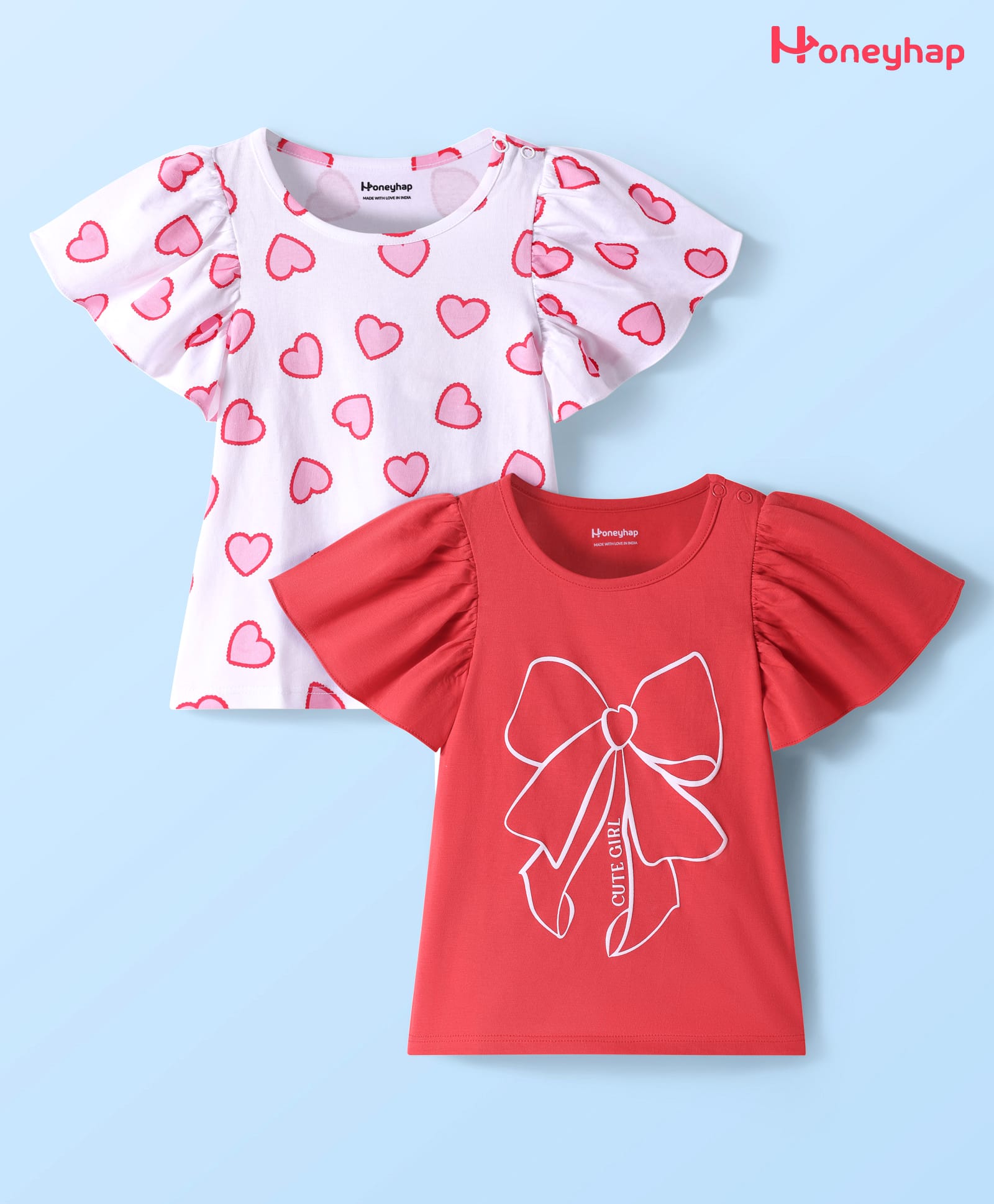 Honeyhap Premium Cotton Knit Bio Finish Frill Half Sleeves Tops with Heart Print Pack of 2 - Flame Scarlet & Bright White-image-2
