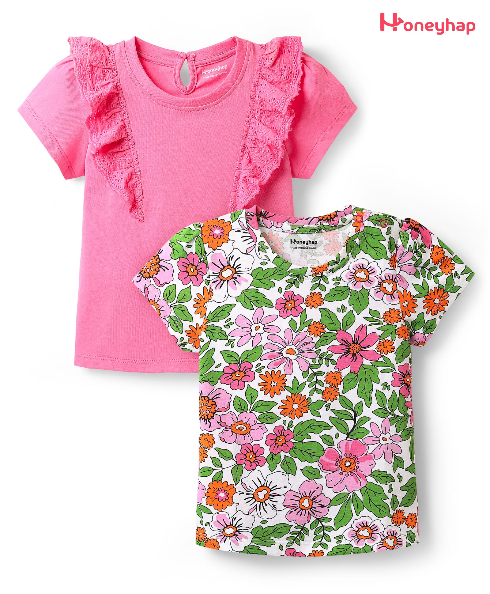Honeyhap Premium 100% Cotton Knit Half Sleeves Tops with Bio Finish & Floral Print Pack of 2 - Sachet Pink & Bright White-image-35