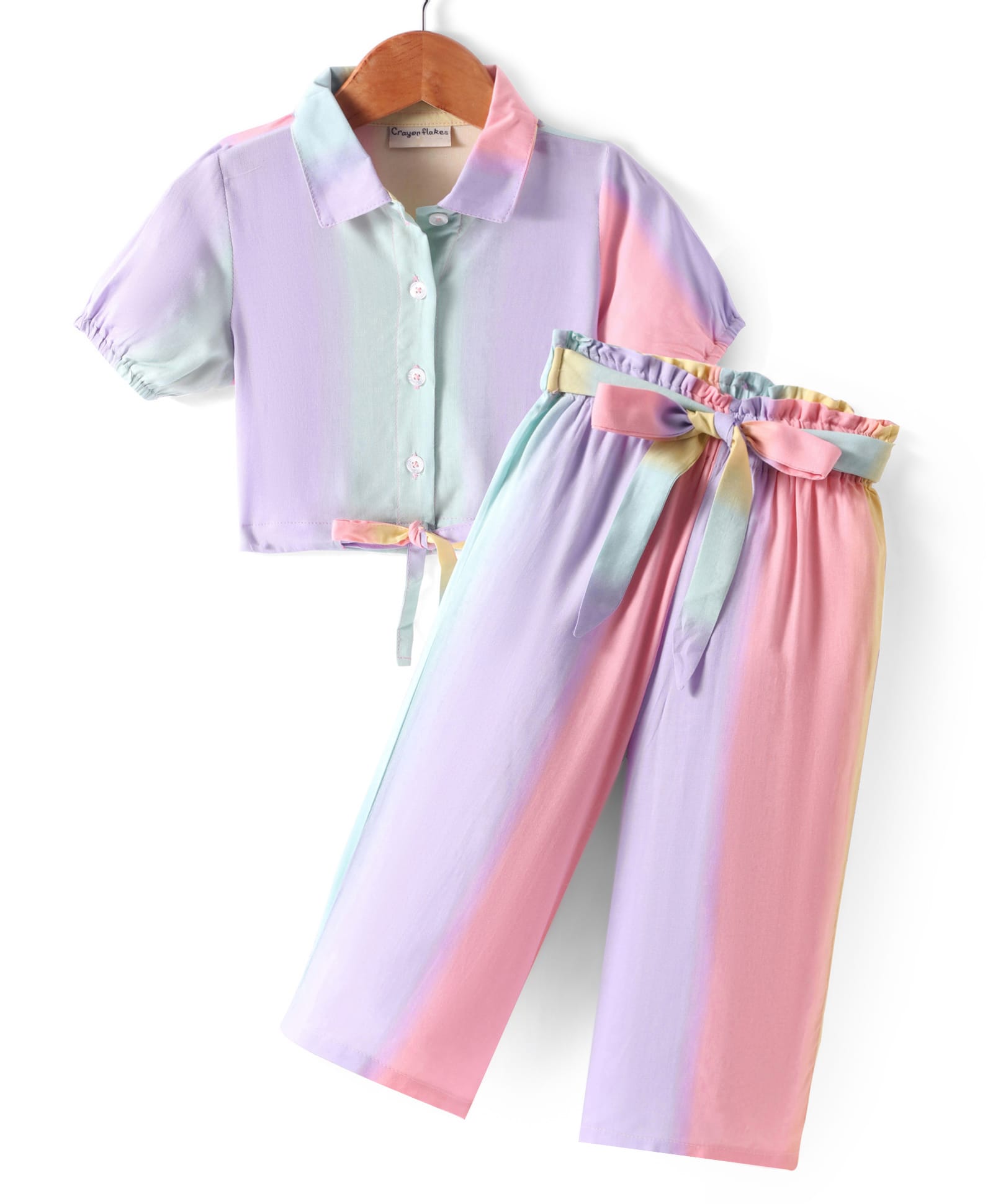 CrayonFlakes Rayon Half Sleeves Ombre Crop Shirt Style Top & Coordinating Belted Palazzo Set - Pink-picture-30