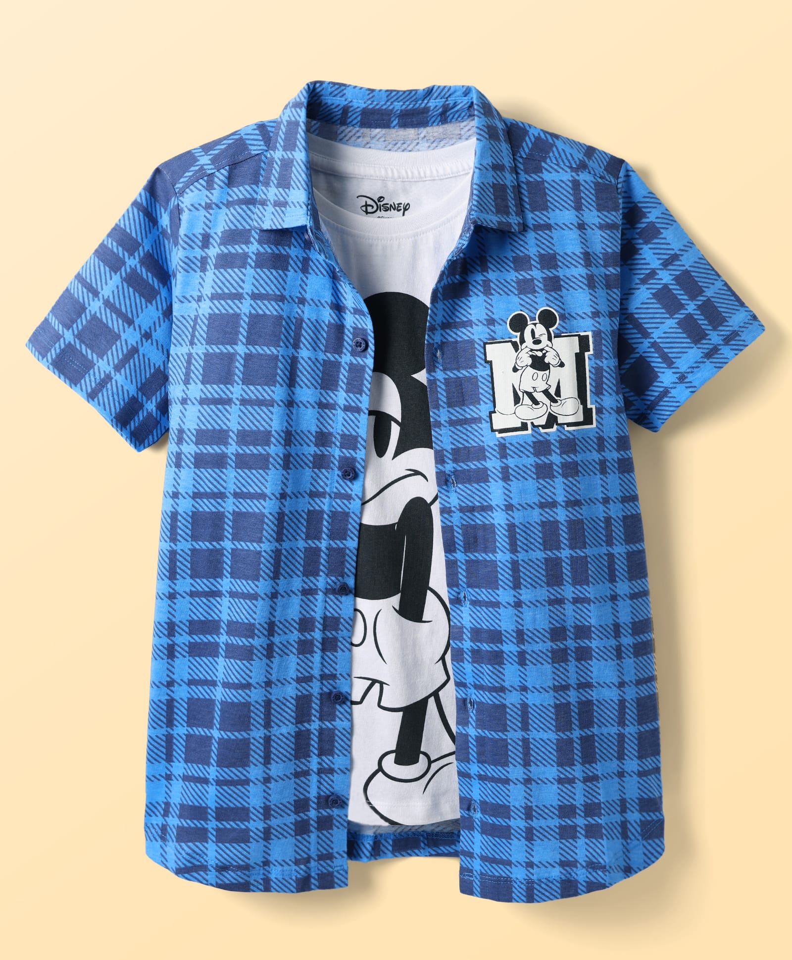 Pine Kids Disney Single Jersey Knit Half Sleeves Checkered Shirt & Sleeveless T-Shirt With Front & Back Mickey Mouse - Blue & White