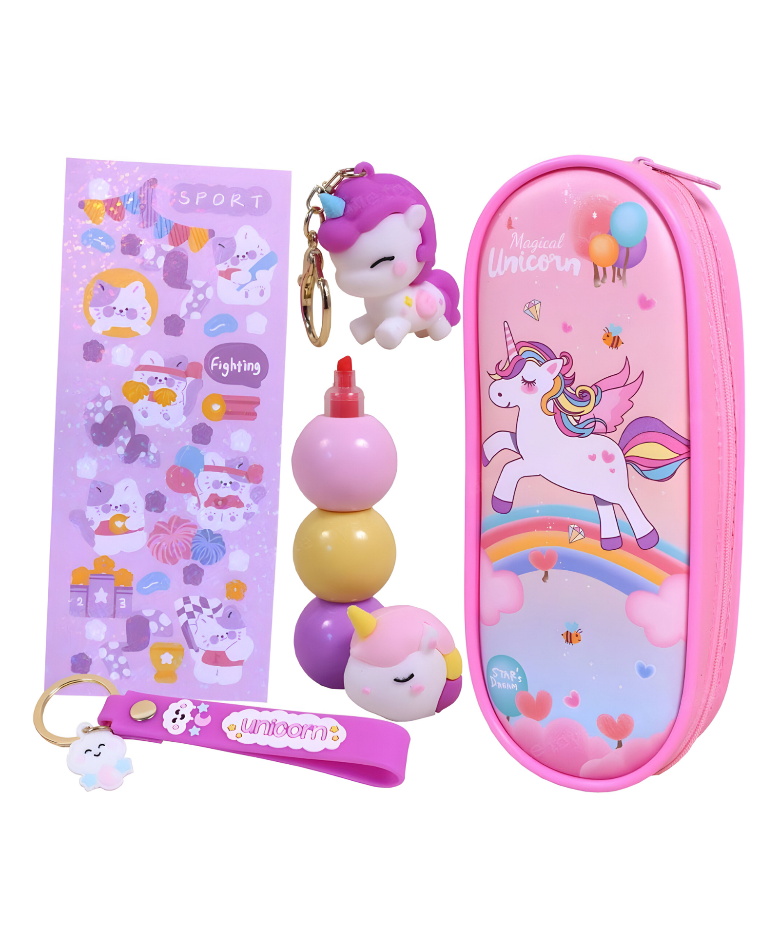 SCHOOLISH Unicorn Pencil Case Set for Kids | Girl Unicorn Pouch with Keyring, Marker and Stickers- PACK OF 1- COLOR MAY VARY-picture-19
