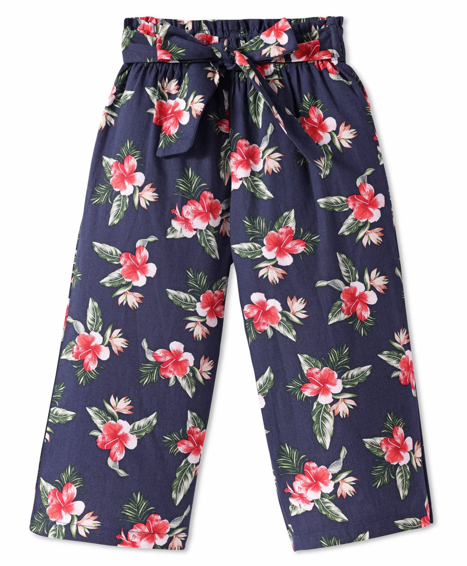 CrayonFlakes Cotton Floral Printed Palazzo With Attached Belt - Navy Blue-picture-24
