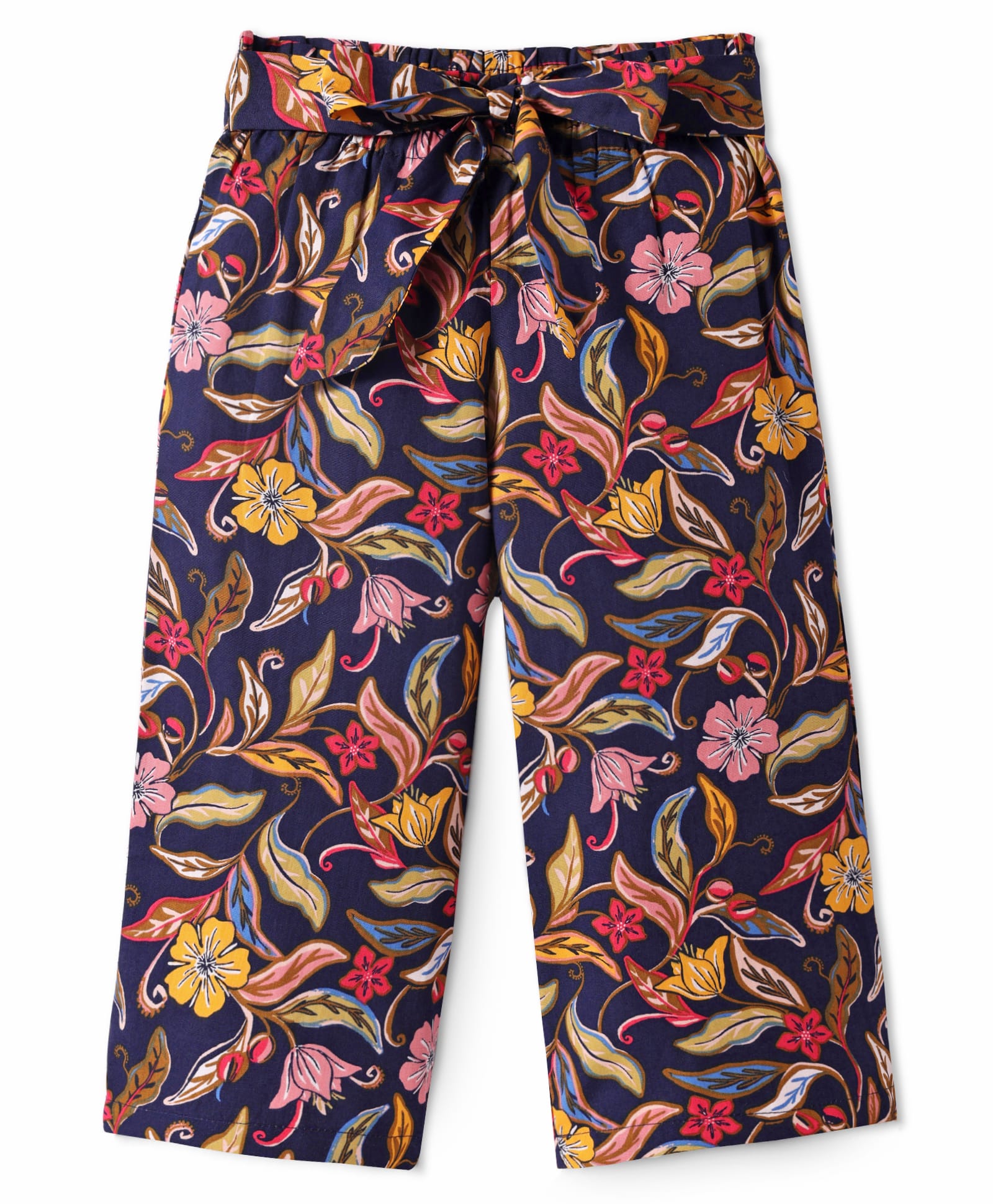 CrayonFlakes Floral Printed Belted Cotton Palazzo - Navy-picture-25