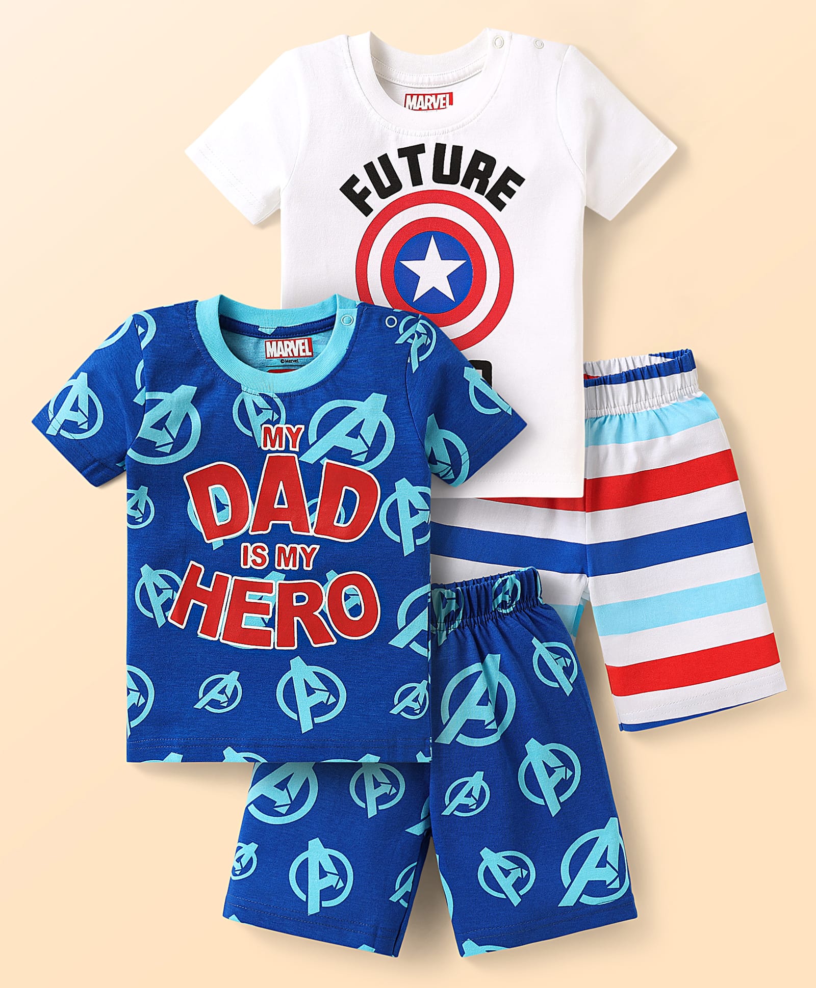 Babyhug Marvel Single Jersey Knit Half Sleeves Shorts Night Suits with Avengers Graphics Pack of 2 - Navy Blue & White-image-26