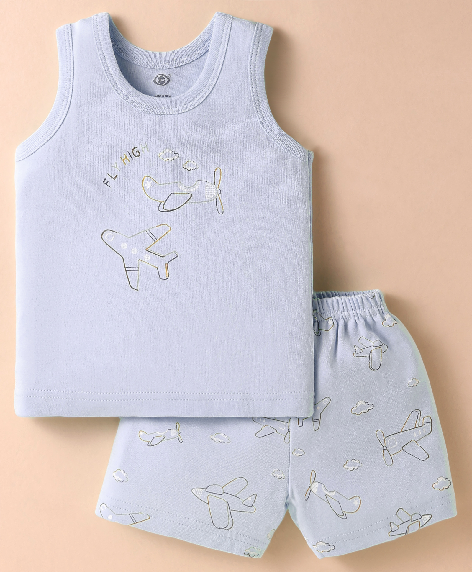Zero Interlock Knit Sleeveless Shorts Nightsuit with Airplane Print - Light Blue-image-34
