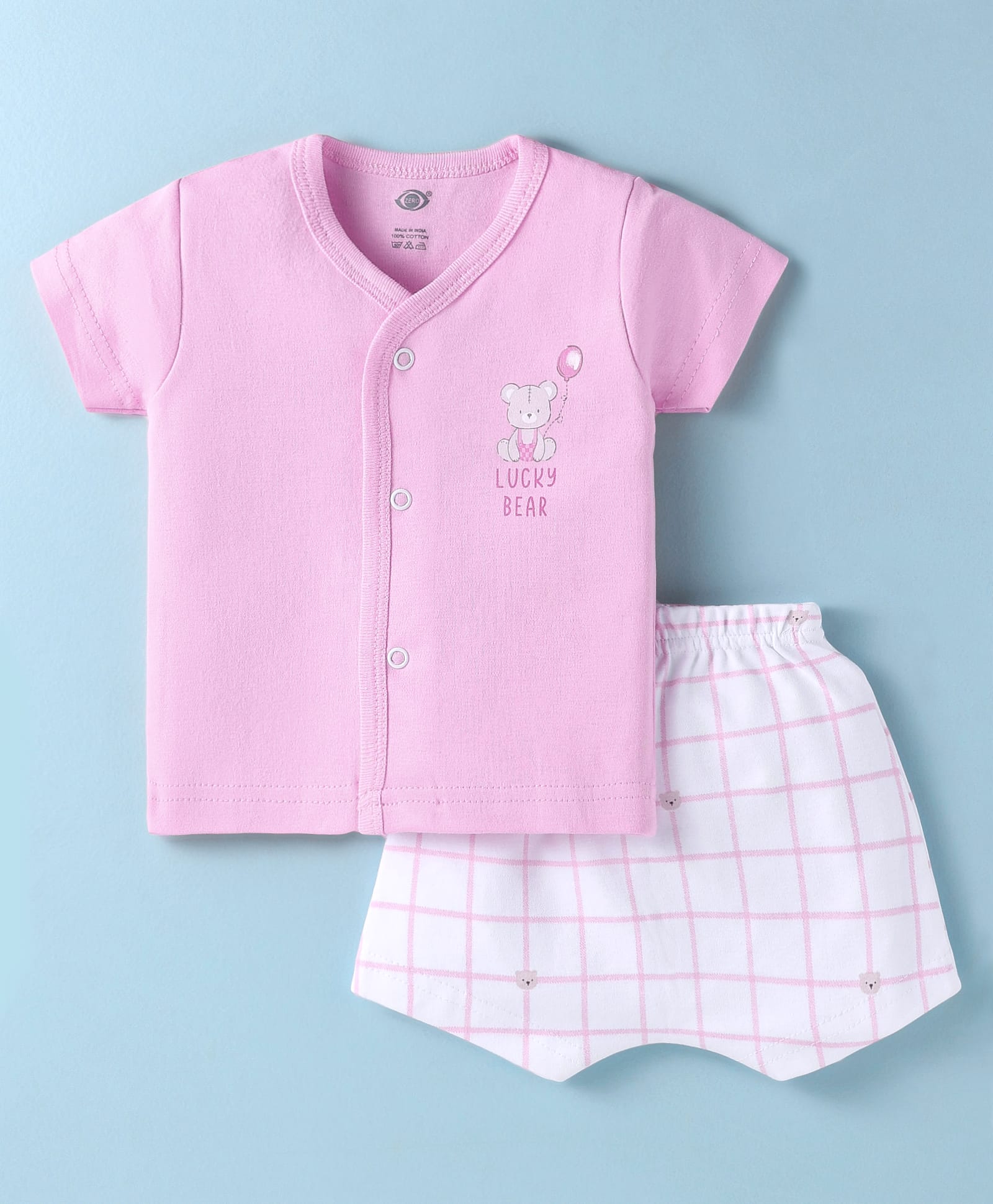Zero Interlock Knit Half Sleeves Shorts Night Suit with Bear Print & Checks - Pink & White-image-22