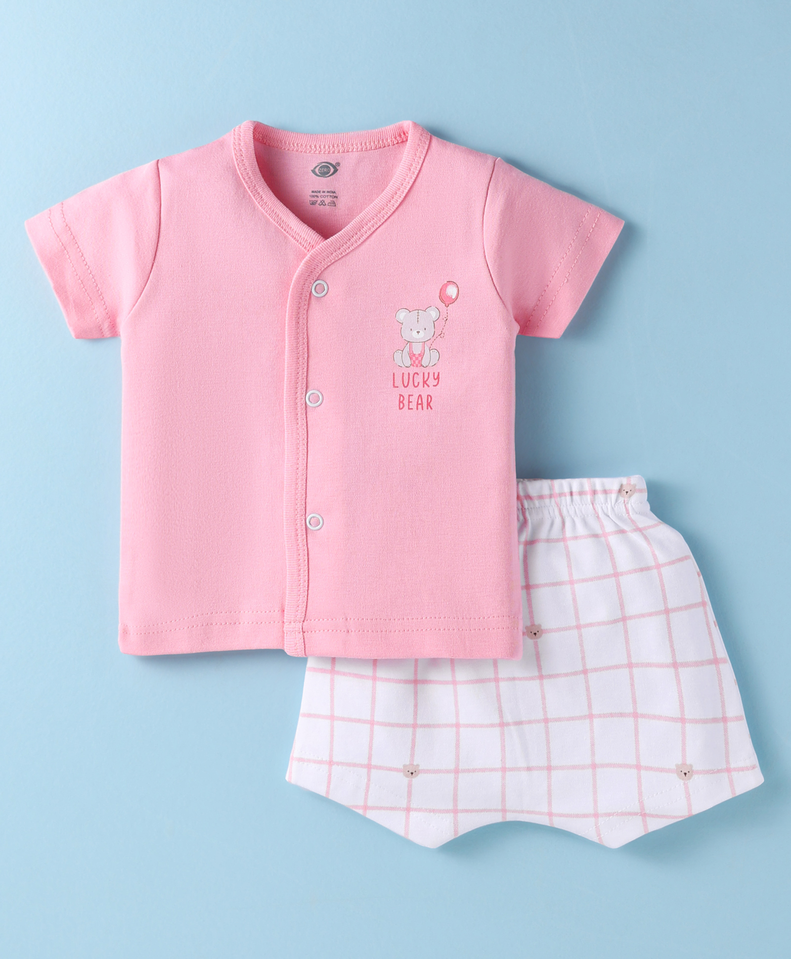 Zero Interlock Knit Half Sleeves Shorts Night Suit with Bear Print & Checks - Peach & White-image-17