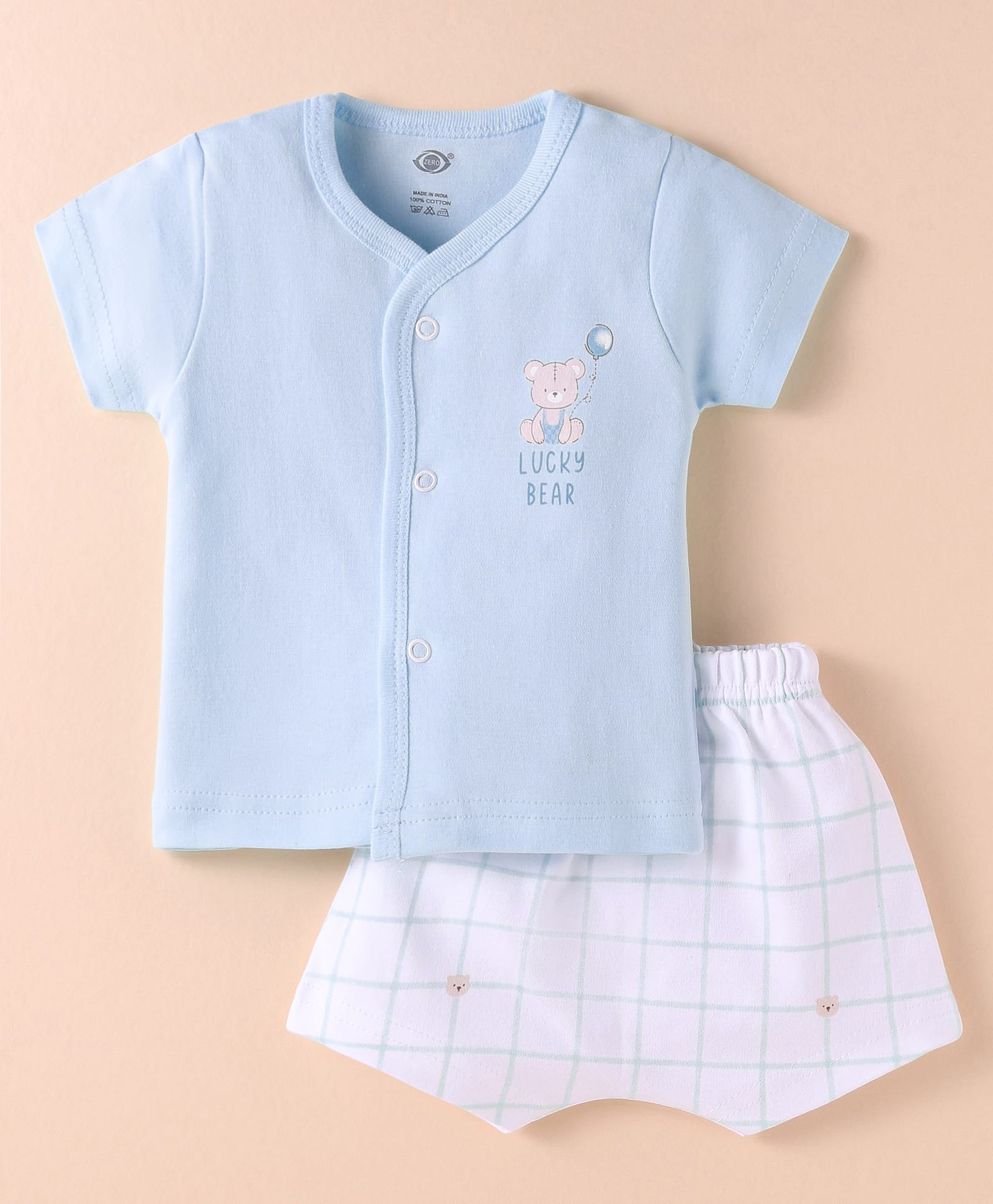 Zero Interlock Knit Half Sleeves Shorts Night Suit with Bear Print & Checks - Light Blue & White-image-46