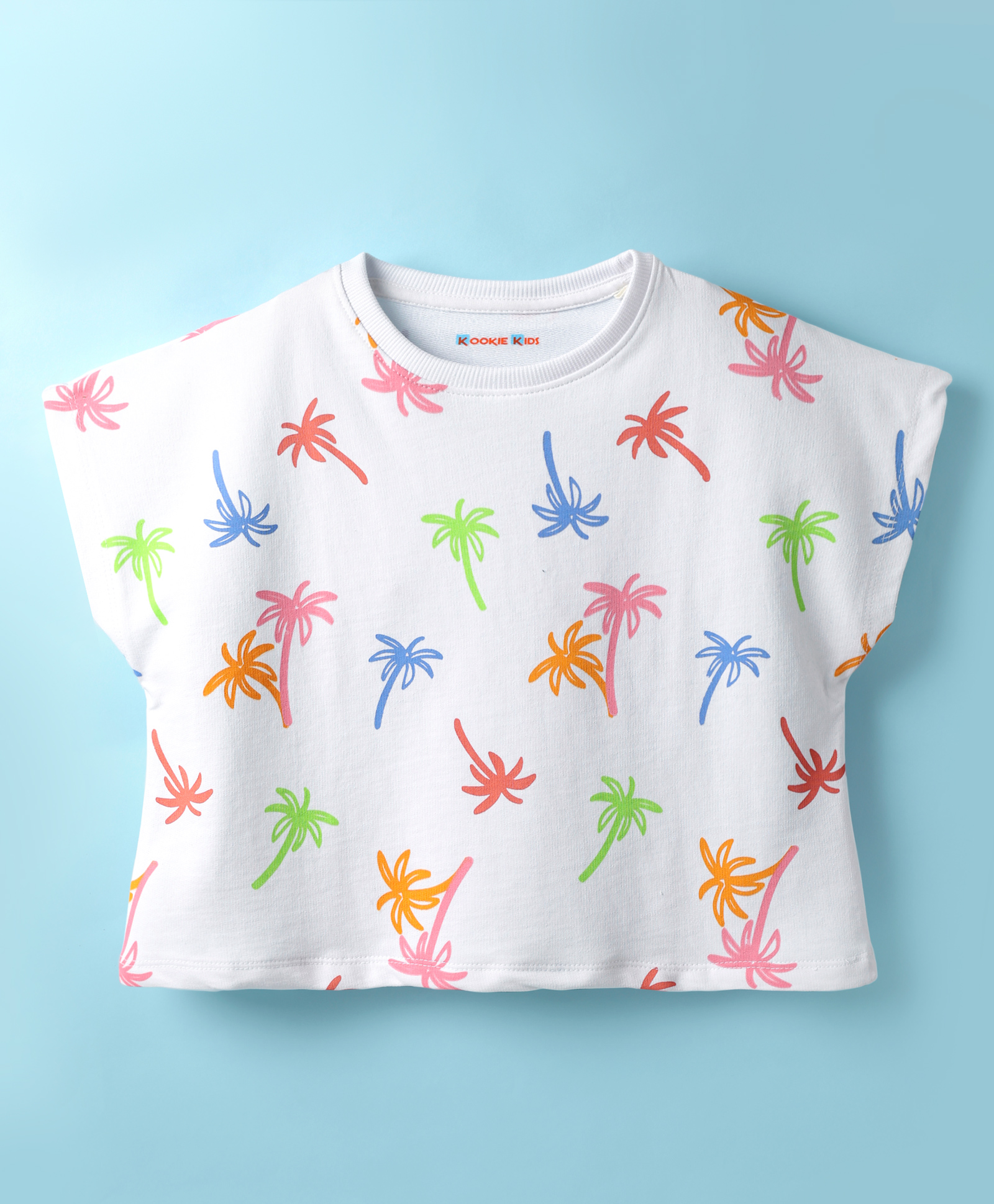 kookie kids india Kookie Kids Single Jersey Knit Half Sleeves T-Shirt with Coconut Tree Print - White-picture-11