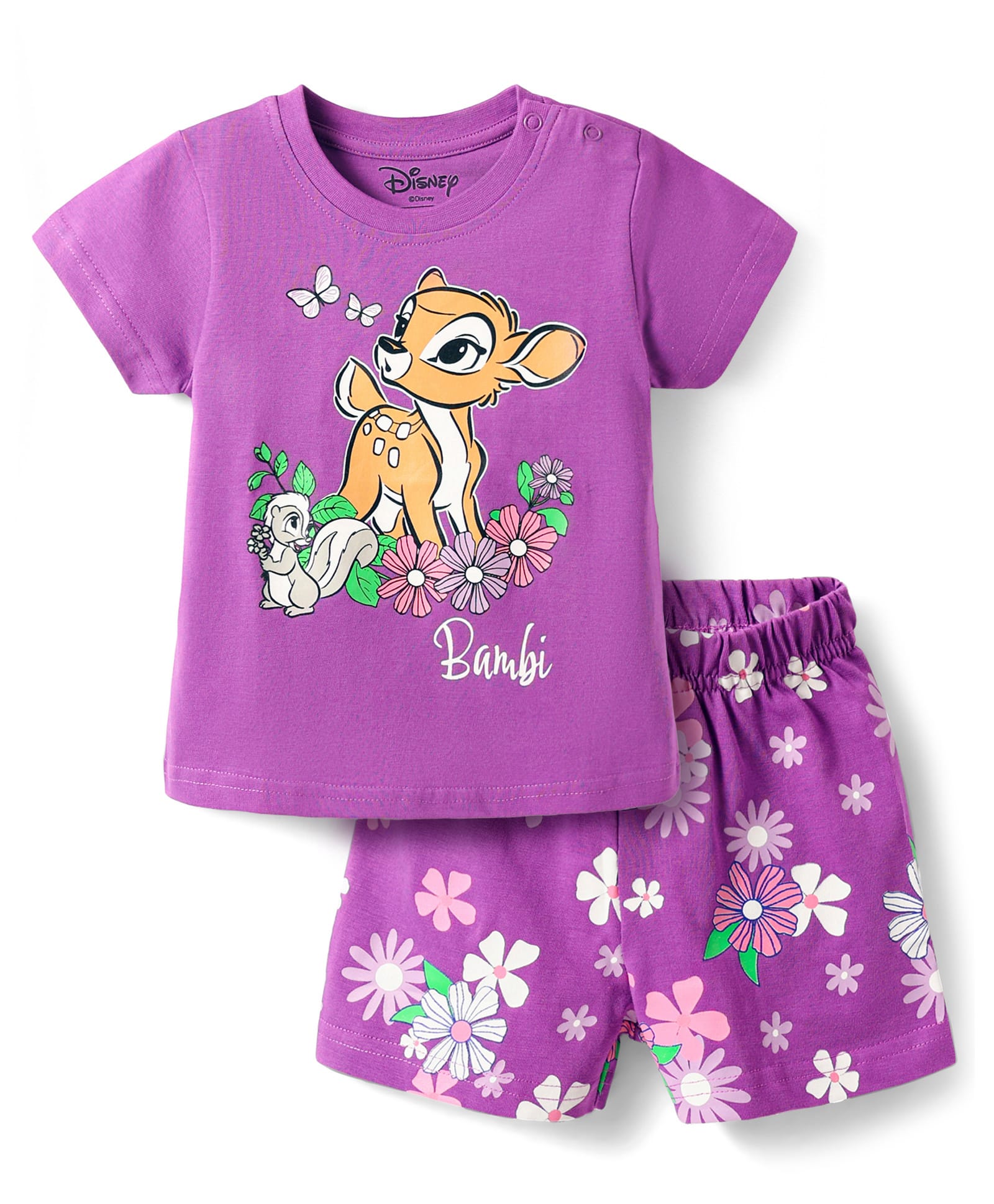 Babyhug Disney Single Jersey Knit Half Sleeves Shorts Night Suit With Bambi Graphic - Purple-image-24