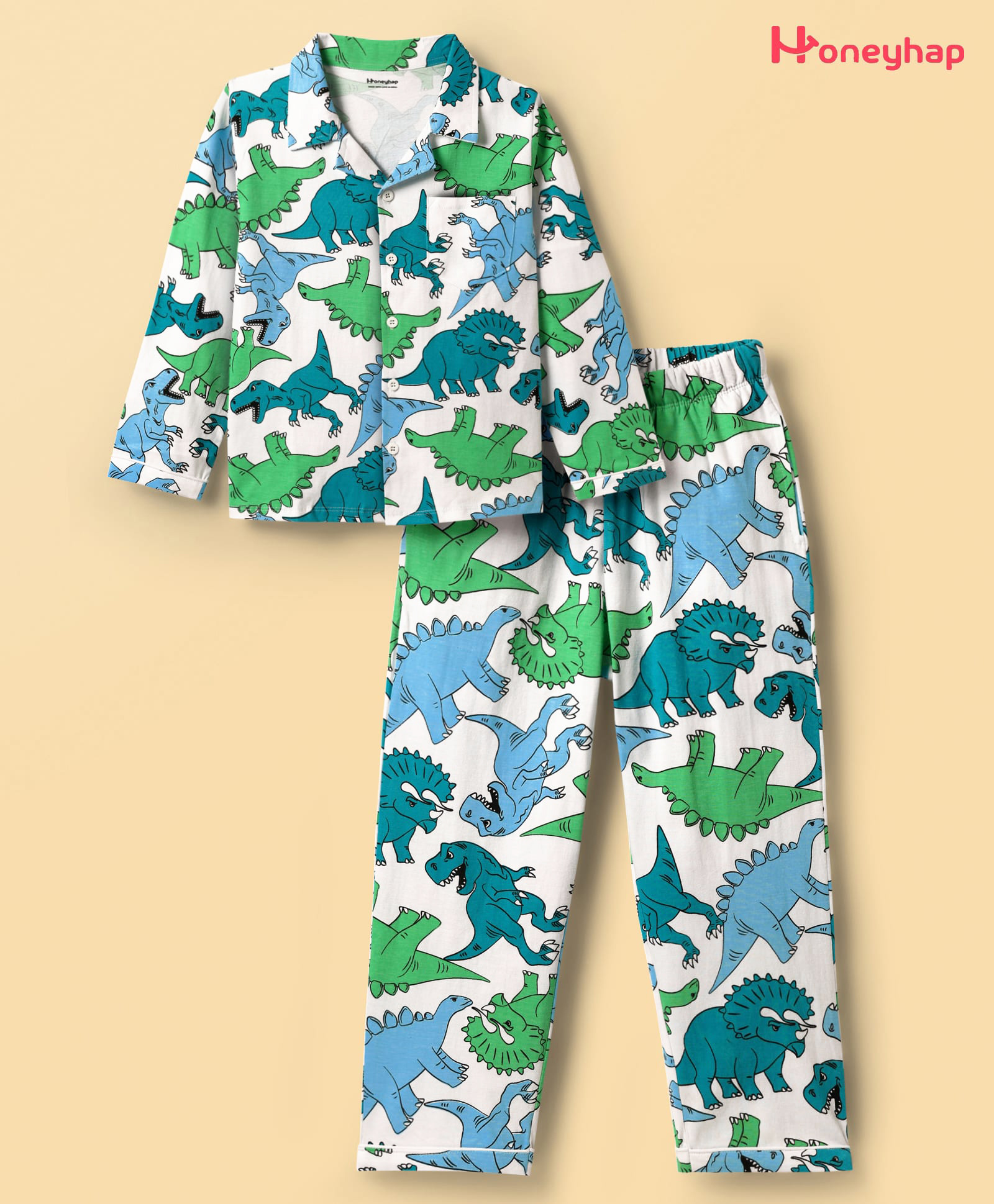 Honeyhap Premium 100%Cotton Knit Full Sleeves Front Open Co-ords Night Suit with Bio Finish & Dino Print - Bright White-picture-21