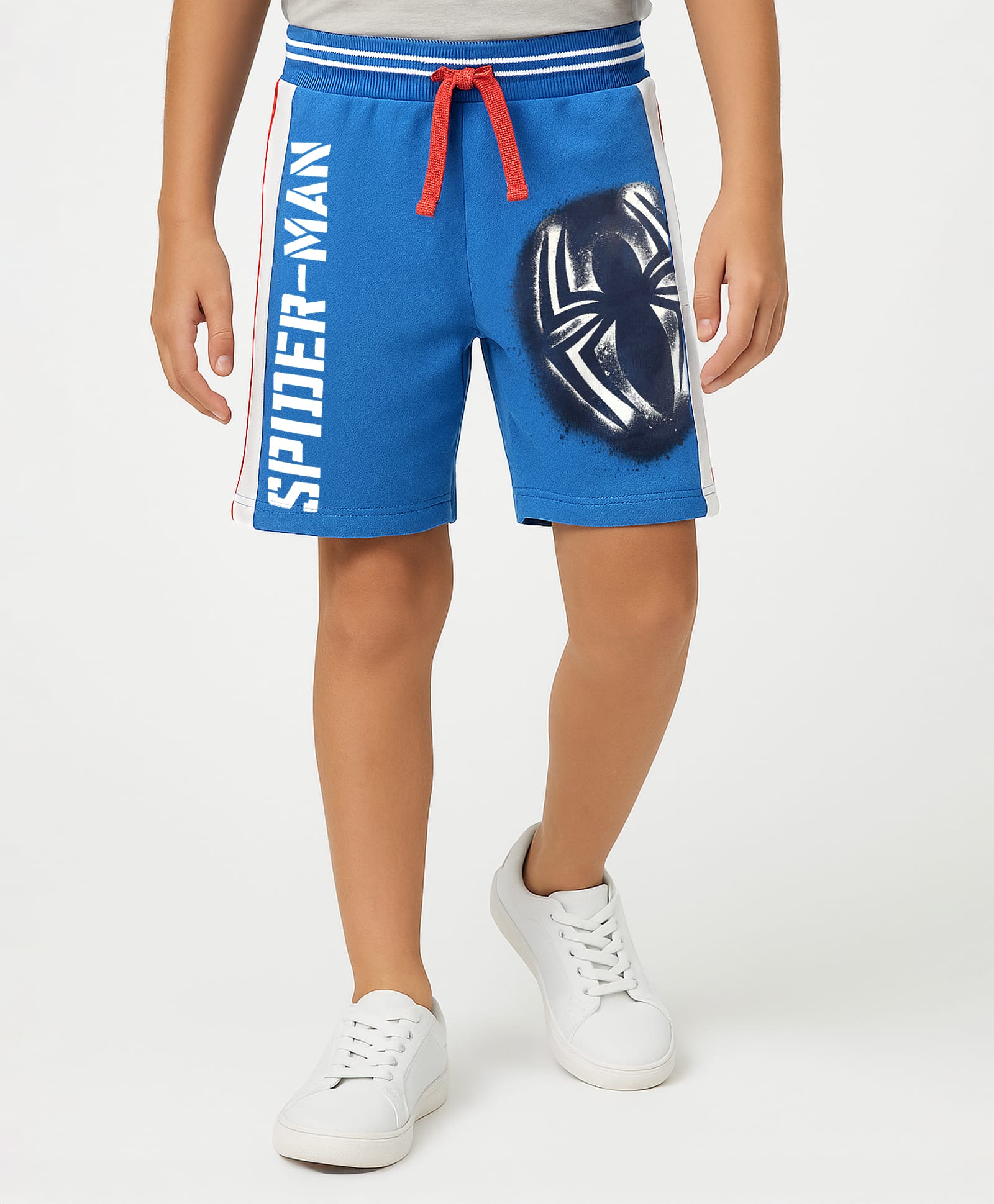 Pine Kids Marvel Terry Knit Cut & Sew Knee Length Shorts With Spider-Man Graphics & Piping Detailing- Blue-image-19