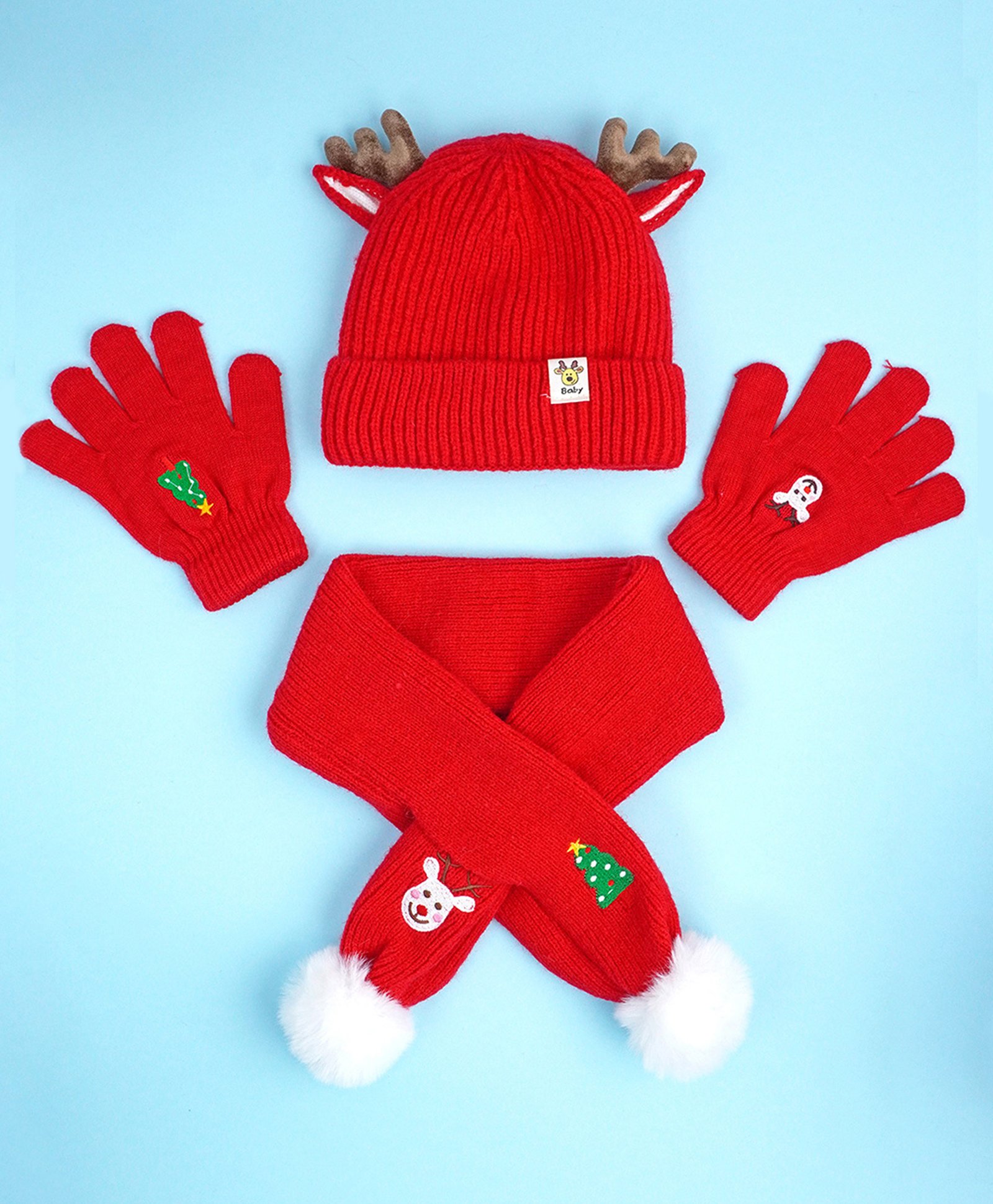 Little Surprise Box Woollen Blend Reindeer Designed Cap Gloves & Muffler Set - Red-image-3