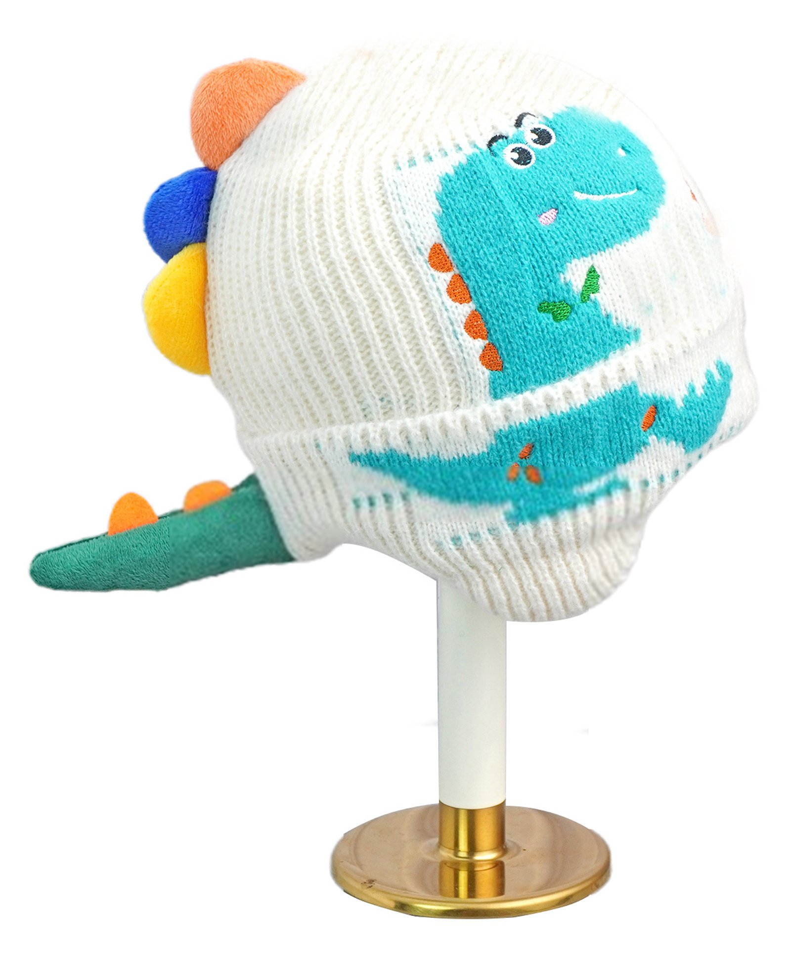 Little Surprise Box Woollen Blend Dinosaur Designed & Applique Detailed Beanie Cap - Cream-image-7
