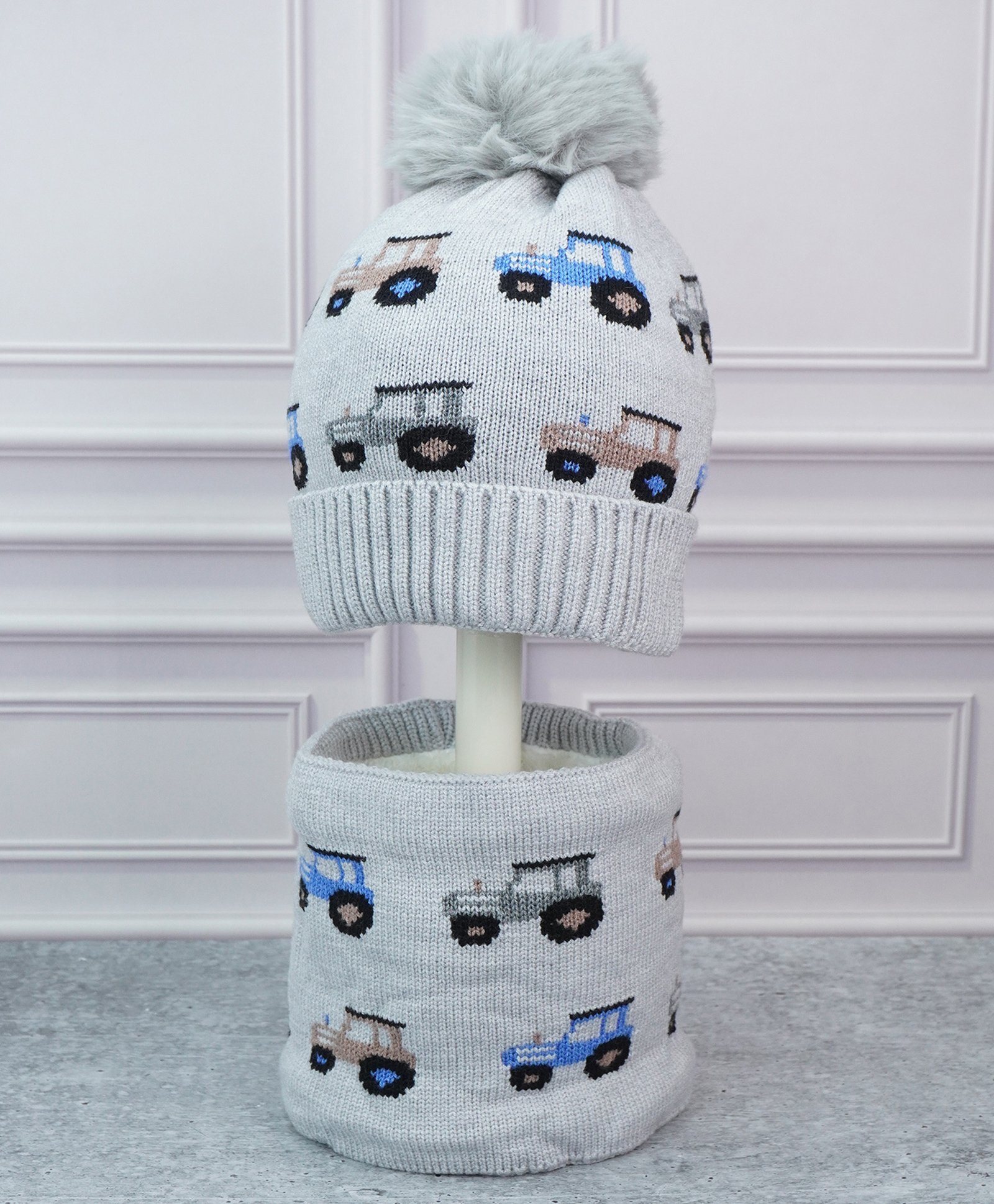 Little Surprise Box Woollen Blend Cars Designed Beanie Cap & Neck Muffler Set - Grey-image-11