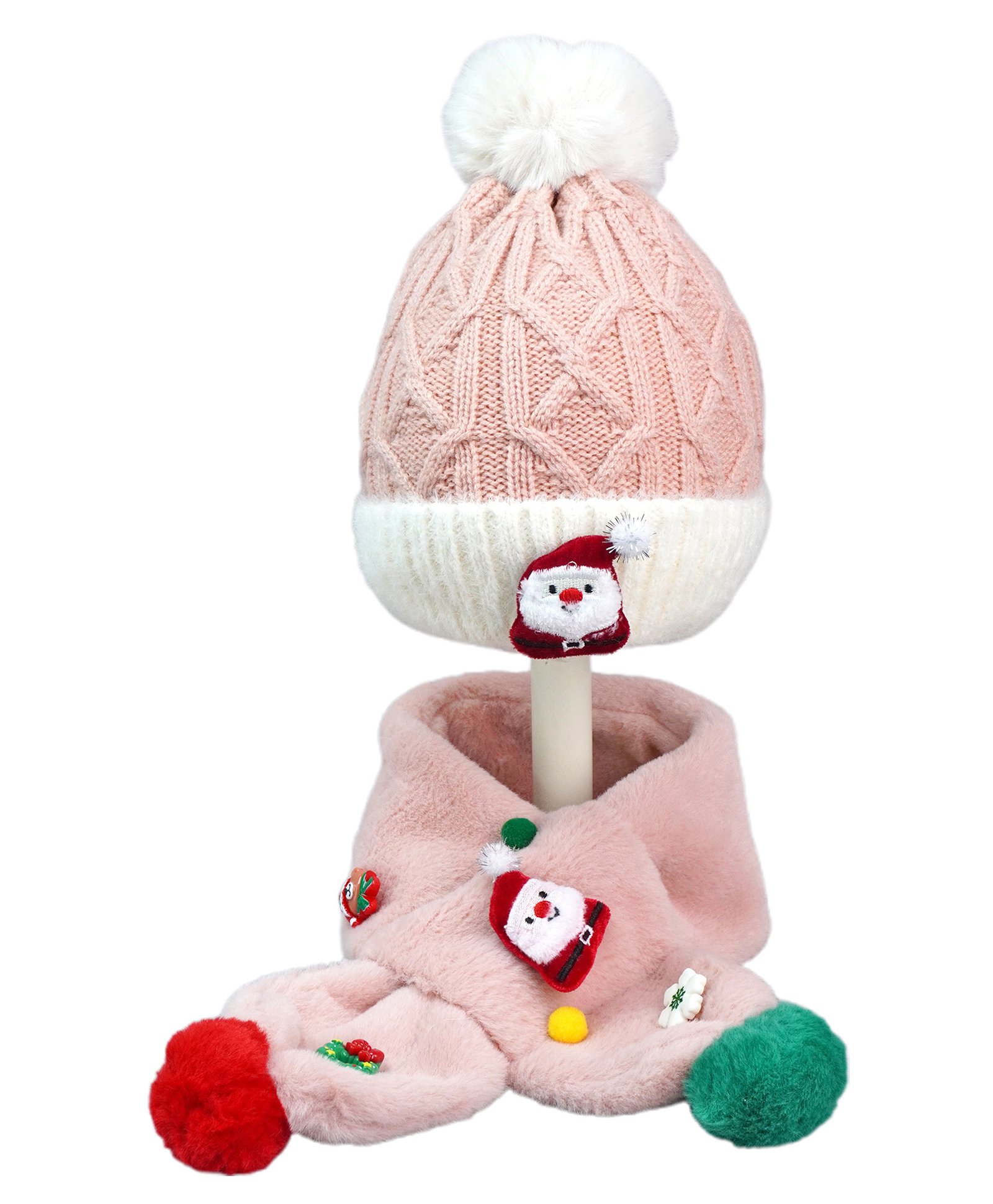 Little Surprise Box Woollen Blend Santa Applique Detailed Self Designed Beanie Cap & Muffler Set - Pink-image-42