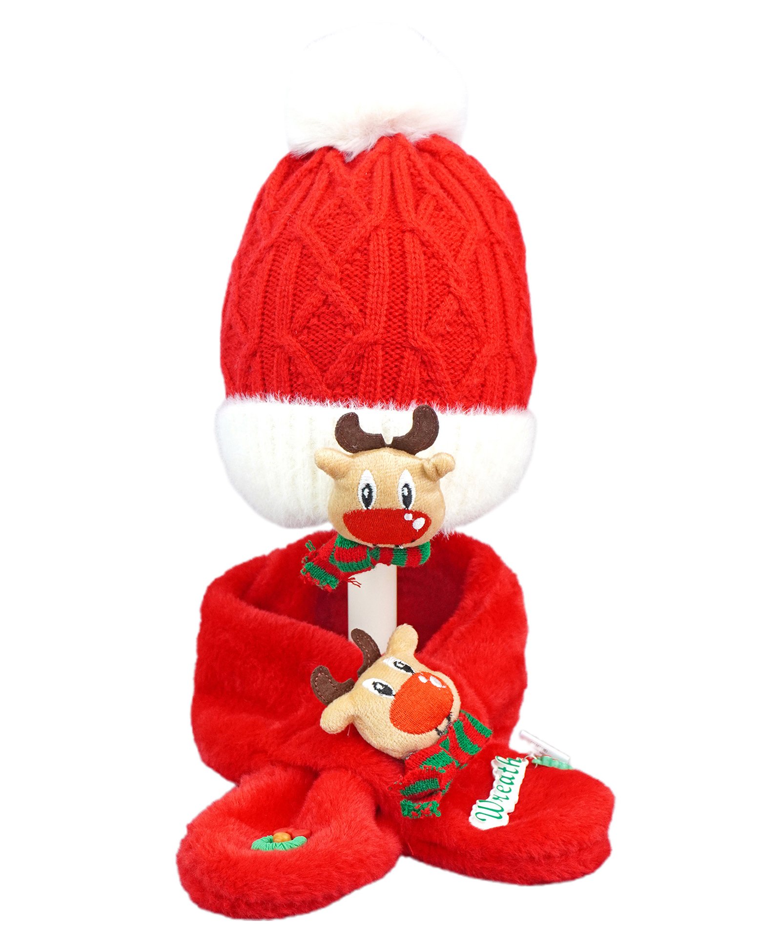 Little Surprise Box Woollen Blend Reindeer Applique Detailed Self Designed Beanie Cap & Muffler Set - Red-picture-30