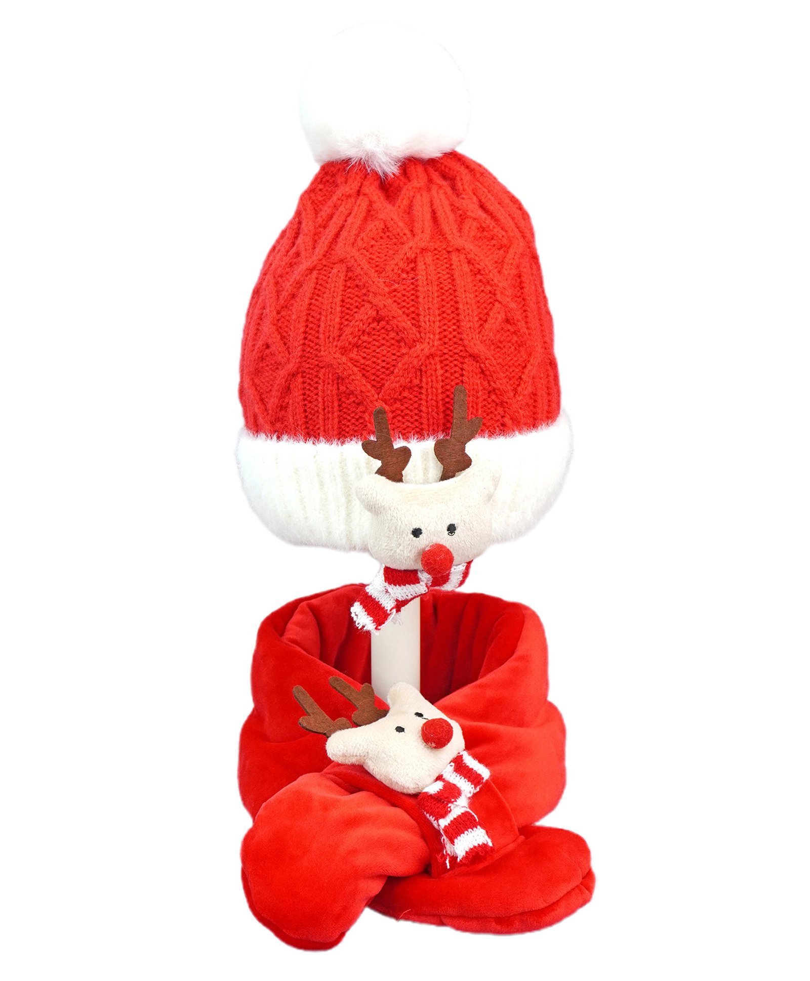 Little Surprise Box Woollen Blend Reindeer Applique Detailed Self Designed Beanie Cap & Muffler Set - Red-picture-25