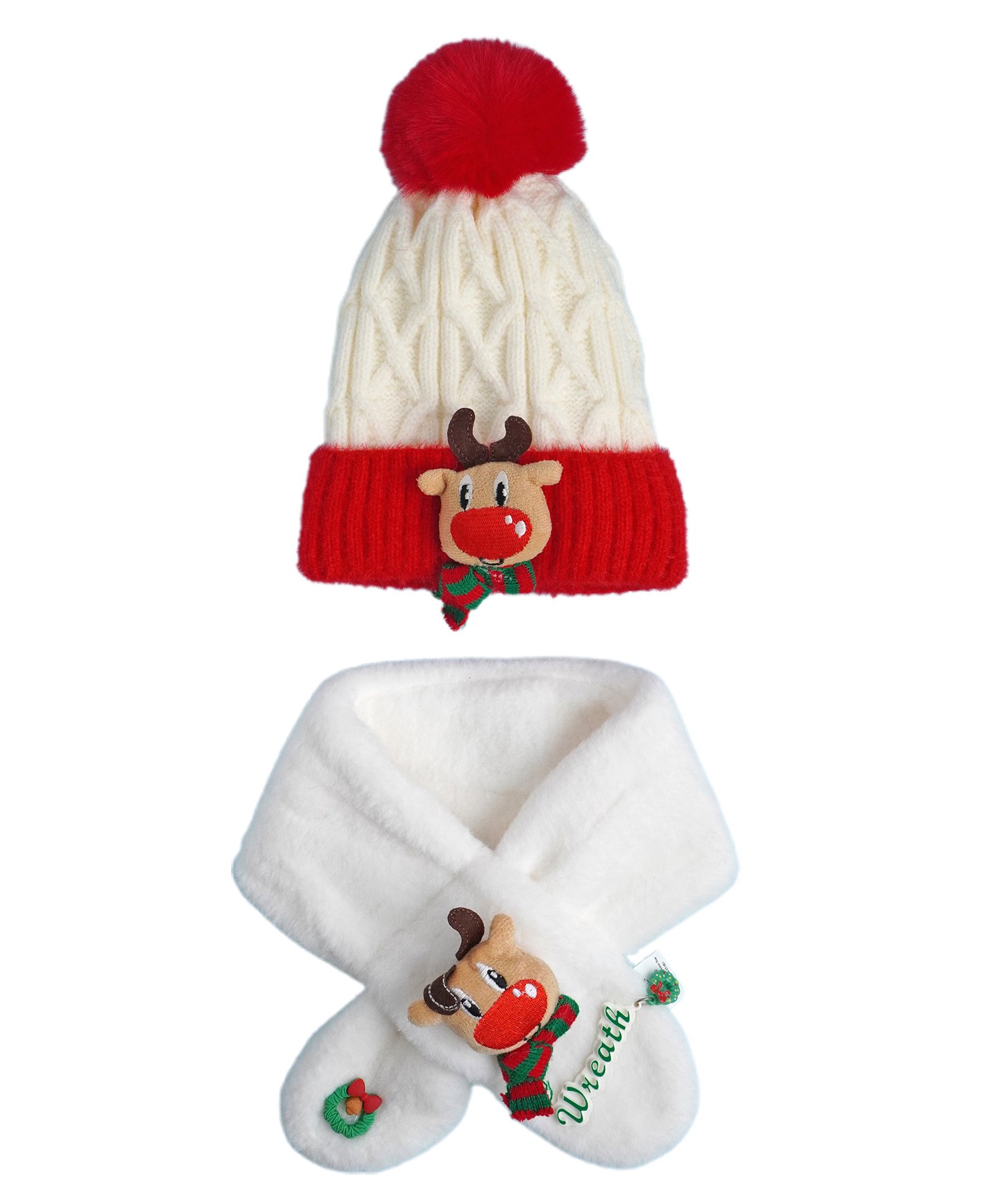 Little Surprise Box Knitted Reindeer Design Winter Cap Beanie With Matching Long Style Muffler - White-picture-29
