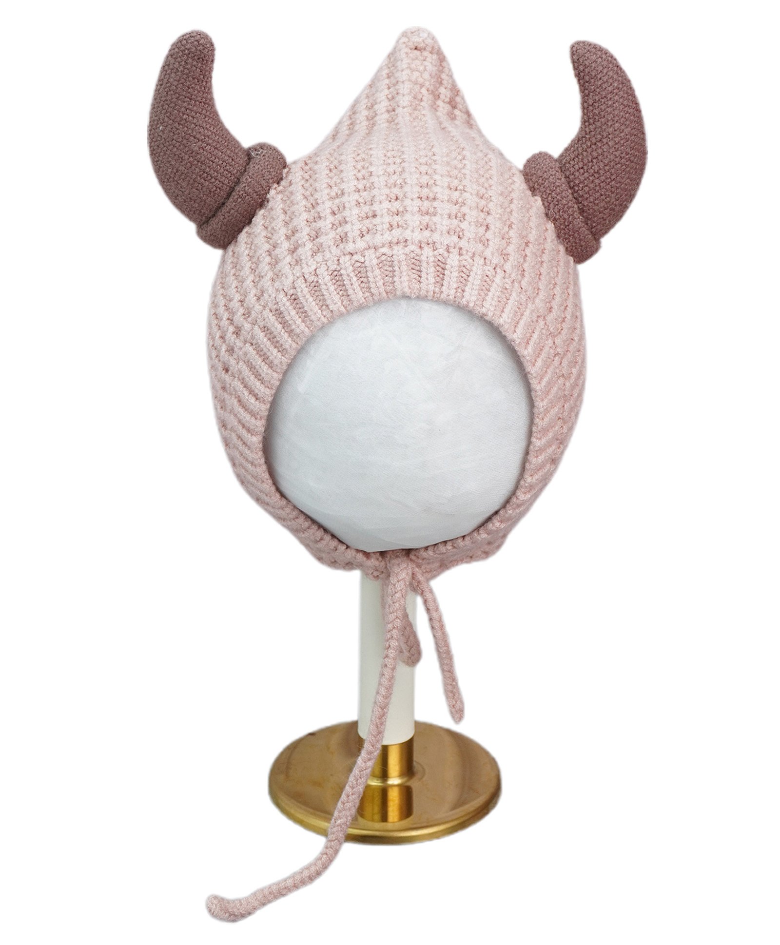 Little Surprise Box Woollen Blend Horns Designed Tie Up Detailed Knitted Cap - Peach-image-10