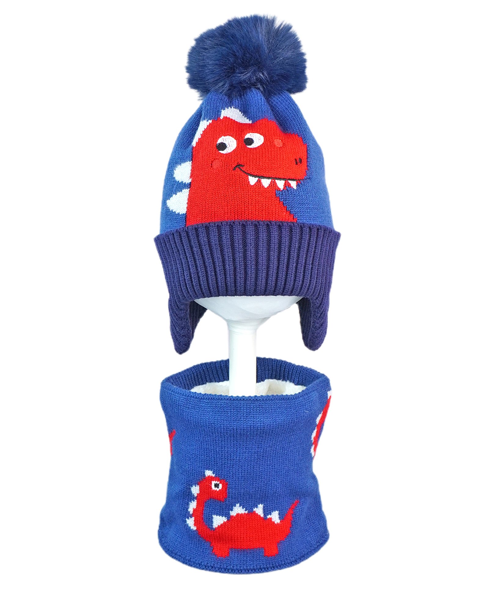 Little Surprise Box Woollen Blend Dinosaur Designed Knitted Cap With Muffler Set - Red & Blue-picture-27