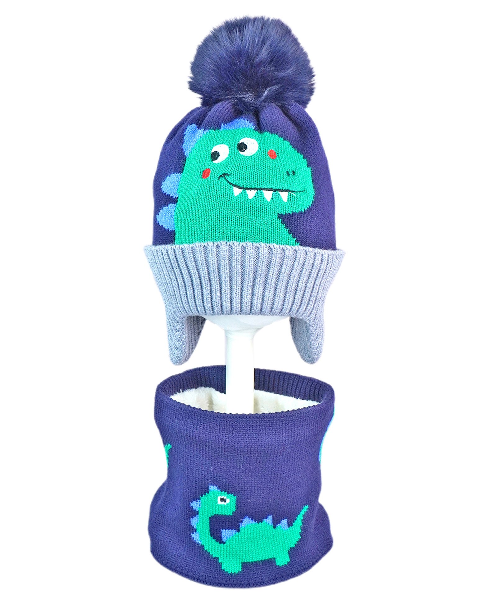 Little Surprise Box Woollen Blend Dinosaur Designed Knitted Cap With Muffler Set - Red & Light Green-image-45