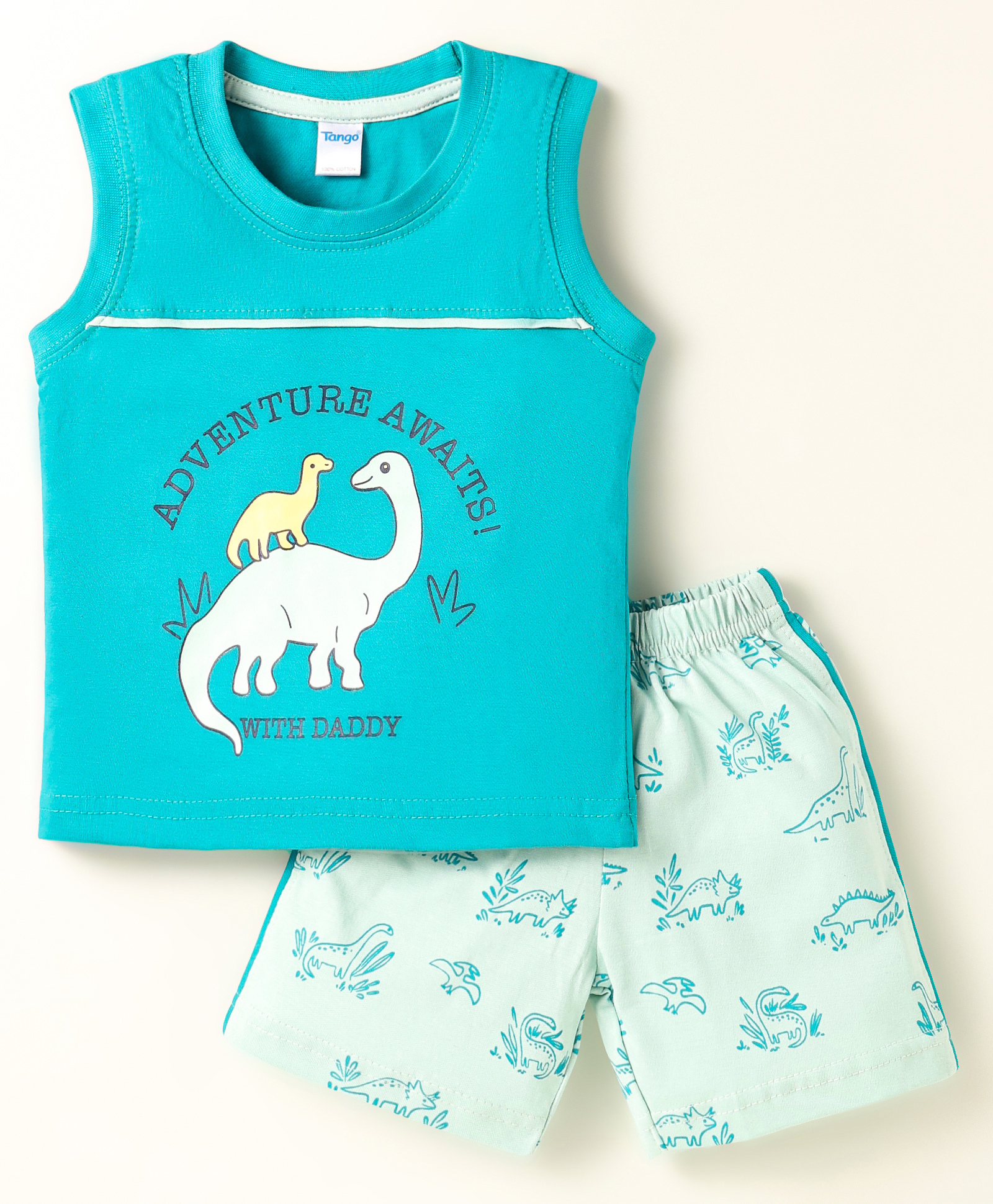 Tango Single Jersey Knit Sleeveless Tank T-Shirt & Shorts Set with Dino Print & Tape Detailing - Turquoise-image-16