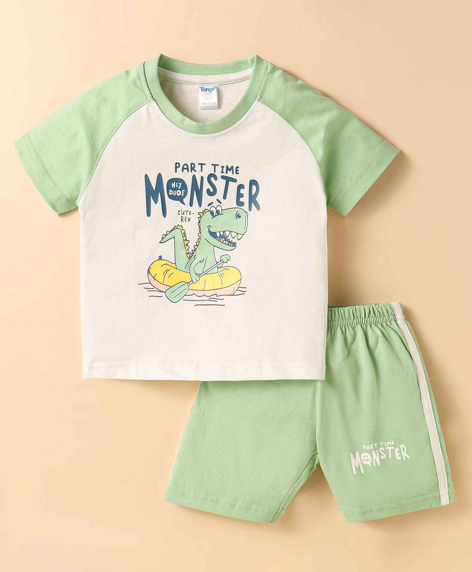 Tango Single Jersey Knit Half Raglan Sleeves T-Shirt & Shorts Set with Dino Print & Tape Detailing - White & Light Green-picture-8