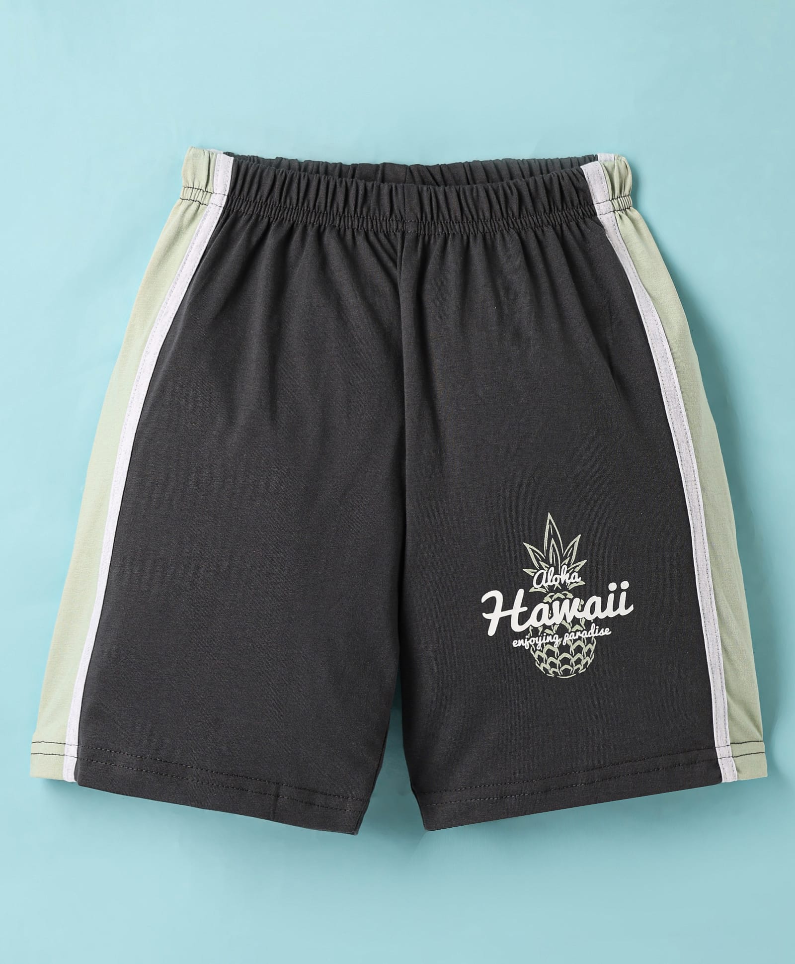 Taeko Single Jersey Knit Knee Length Shorts with HawaiText Print - Charcoal Grey-image-49