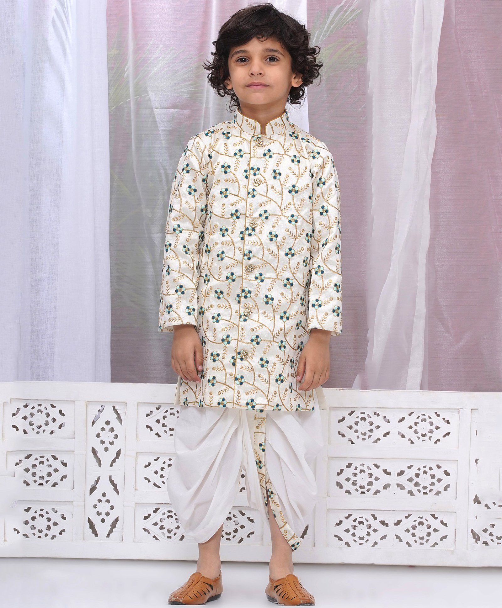 Little Bansi Silk Brocade Full Sleeves Floral Embroidered Sherwani Dhoti Set - Cream-picture-21