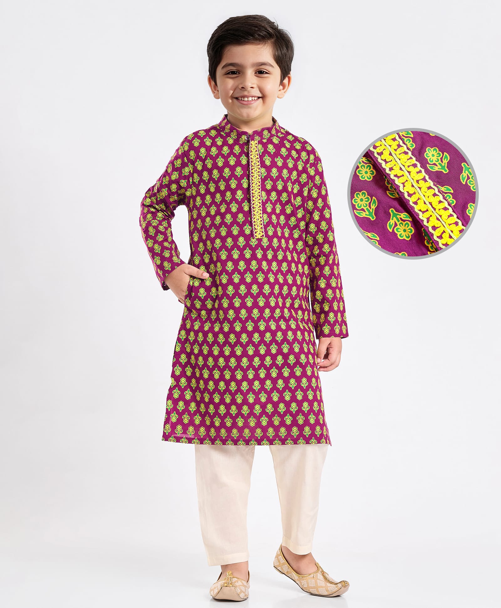 EARTHY TOUCH Cambric Woven Full Sleeves Kurta Pyjama Set with Floral Print - Purple-image-39