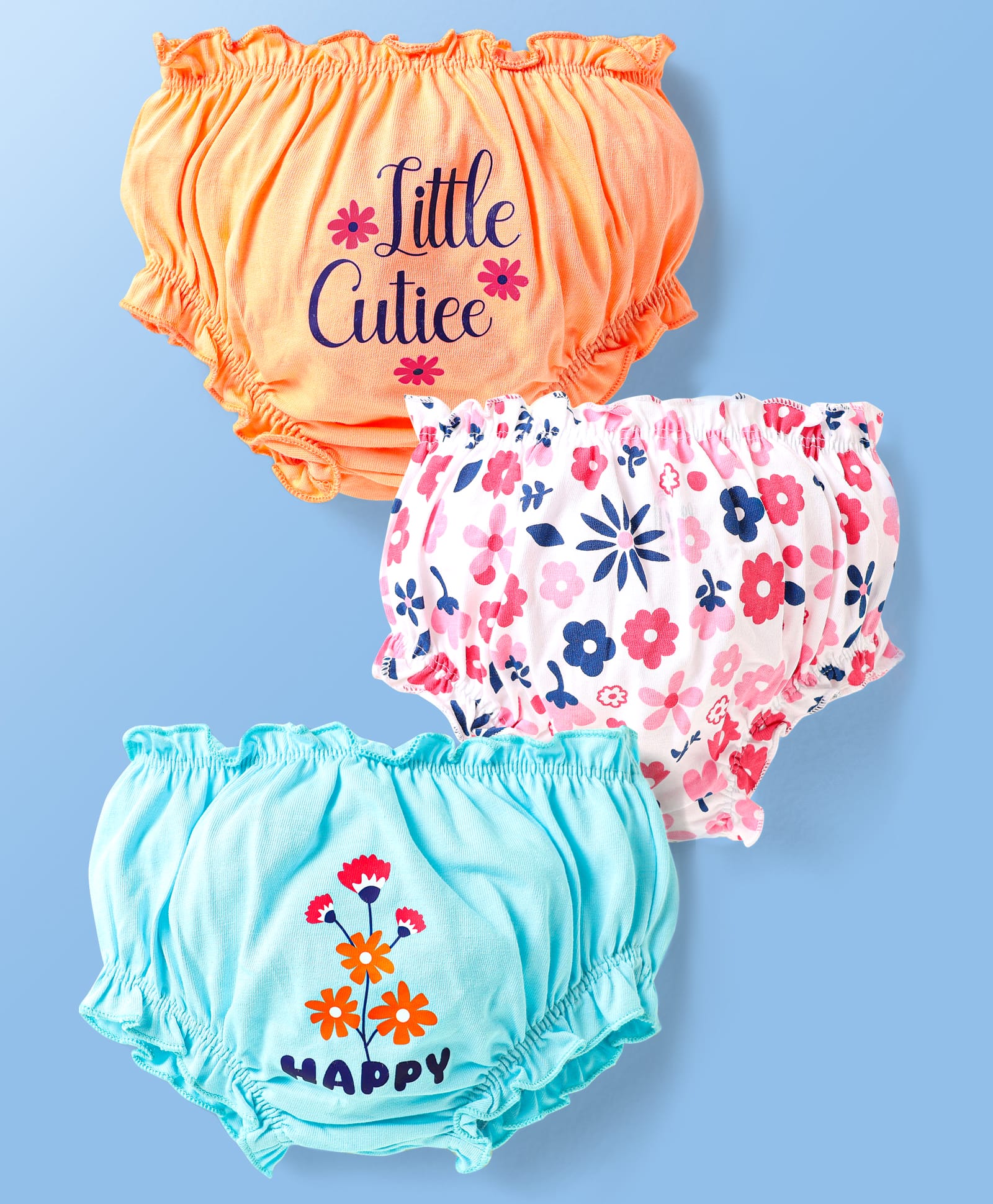 Doodle Poodle 100% Cotton Single Jersey Knit Bloomers With Floral Print Pack Of 3 - White Light Blue & Orange-picture-14