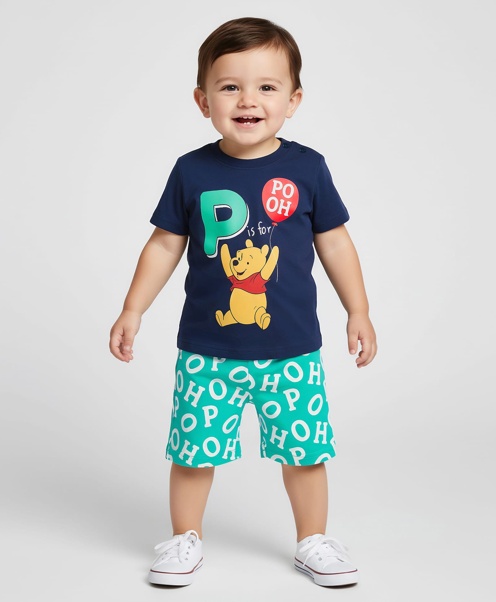 Babyhug Disney Single Jersey Knit Half Sleeves Shorts Night Suit with Winnie the Pooh Graphics - Navy Blue & Sea Green-image-33
