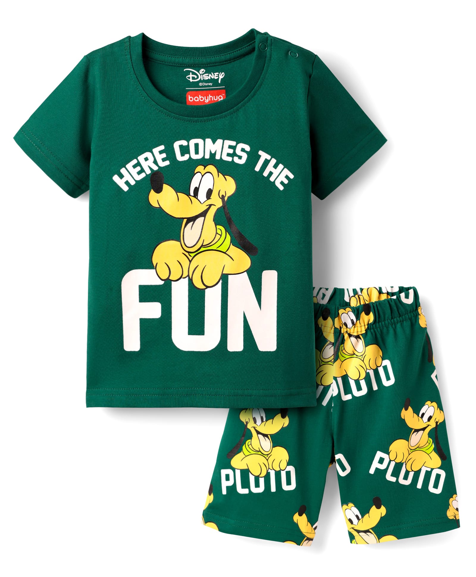 Babyhug Disney Single Jersey Knit Half Sleeve Short Night Suit With Pluto Graphic - Dark Green-image-12