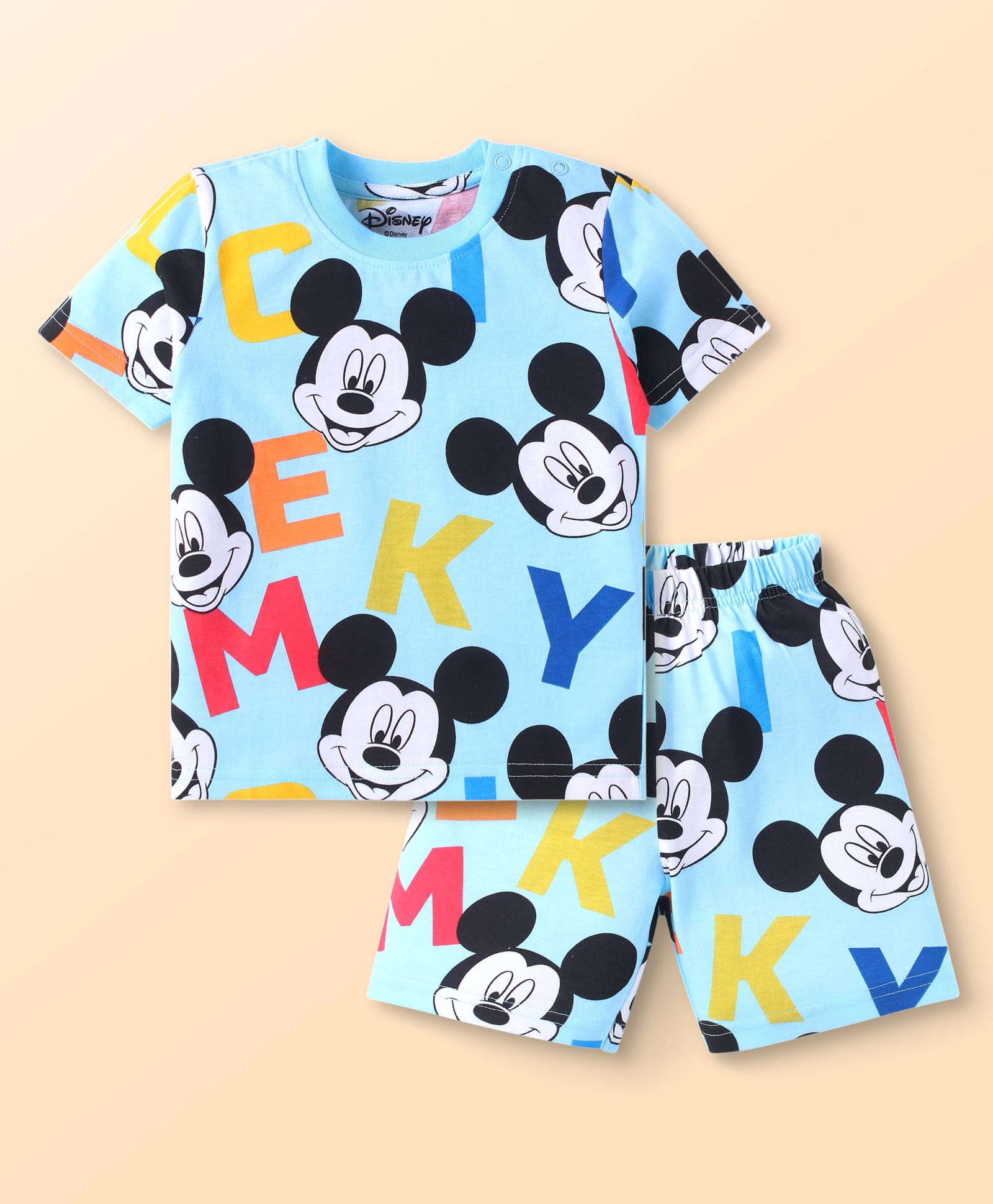 Babyhug Disney Single Jersey Knit Half Sleeves Co-ords Shorts Night Suit with Mickey Mouse Graphics - Light Blue-picture-17