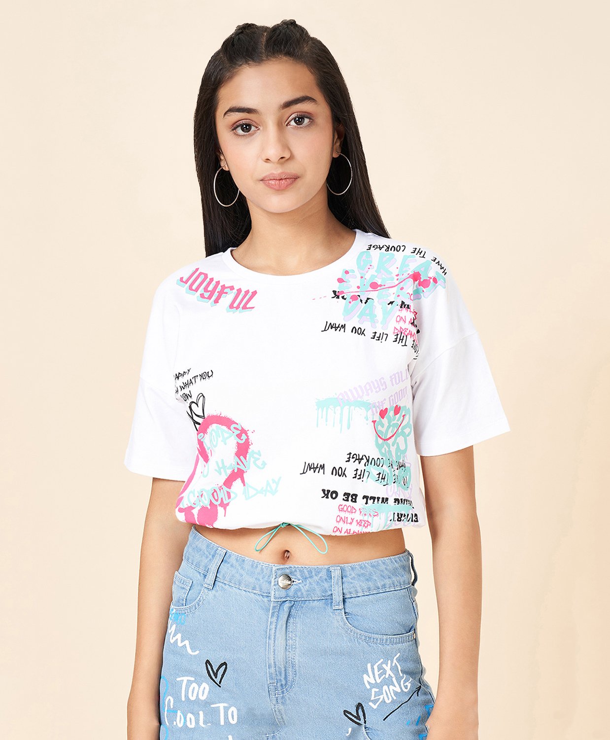 Coolsters by Pantaloons Cotton Spandex Half Sleeves Joyful Text Printed Top - White-image-4
