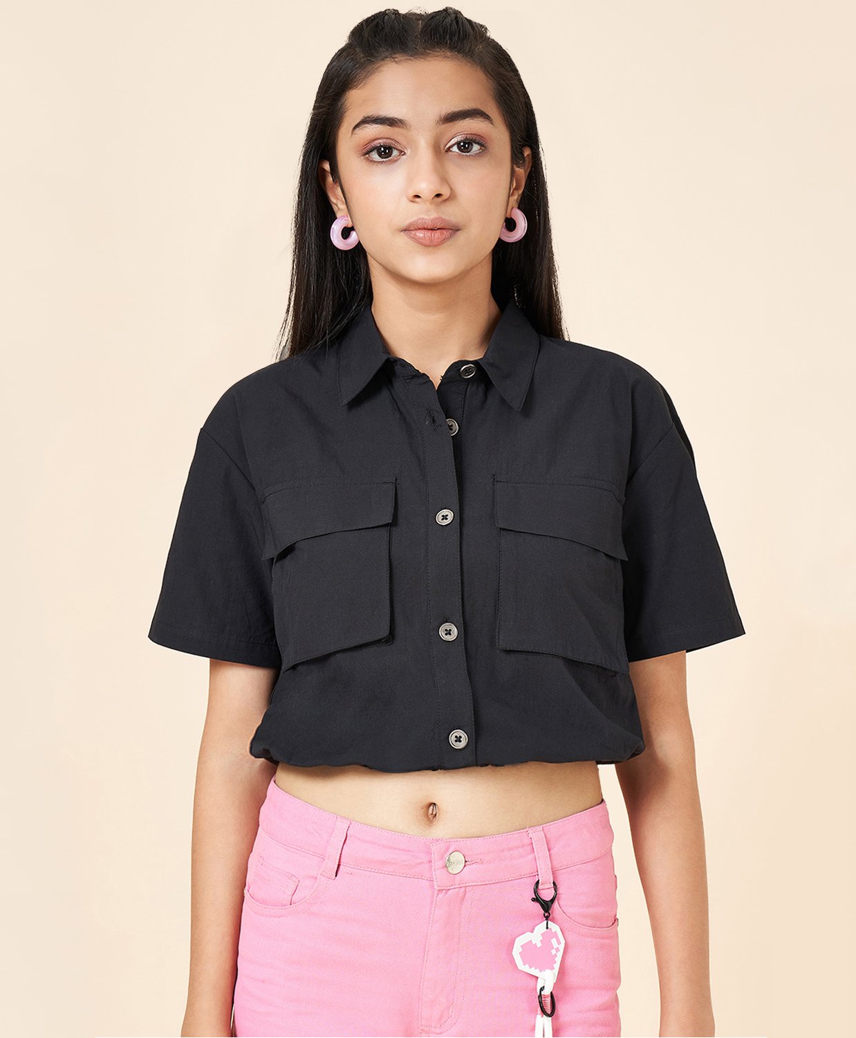 Coolsters by Pantaloons Cotton Half Sleeves Solid Shirt Style Top - Black-image-5