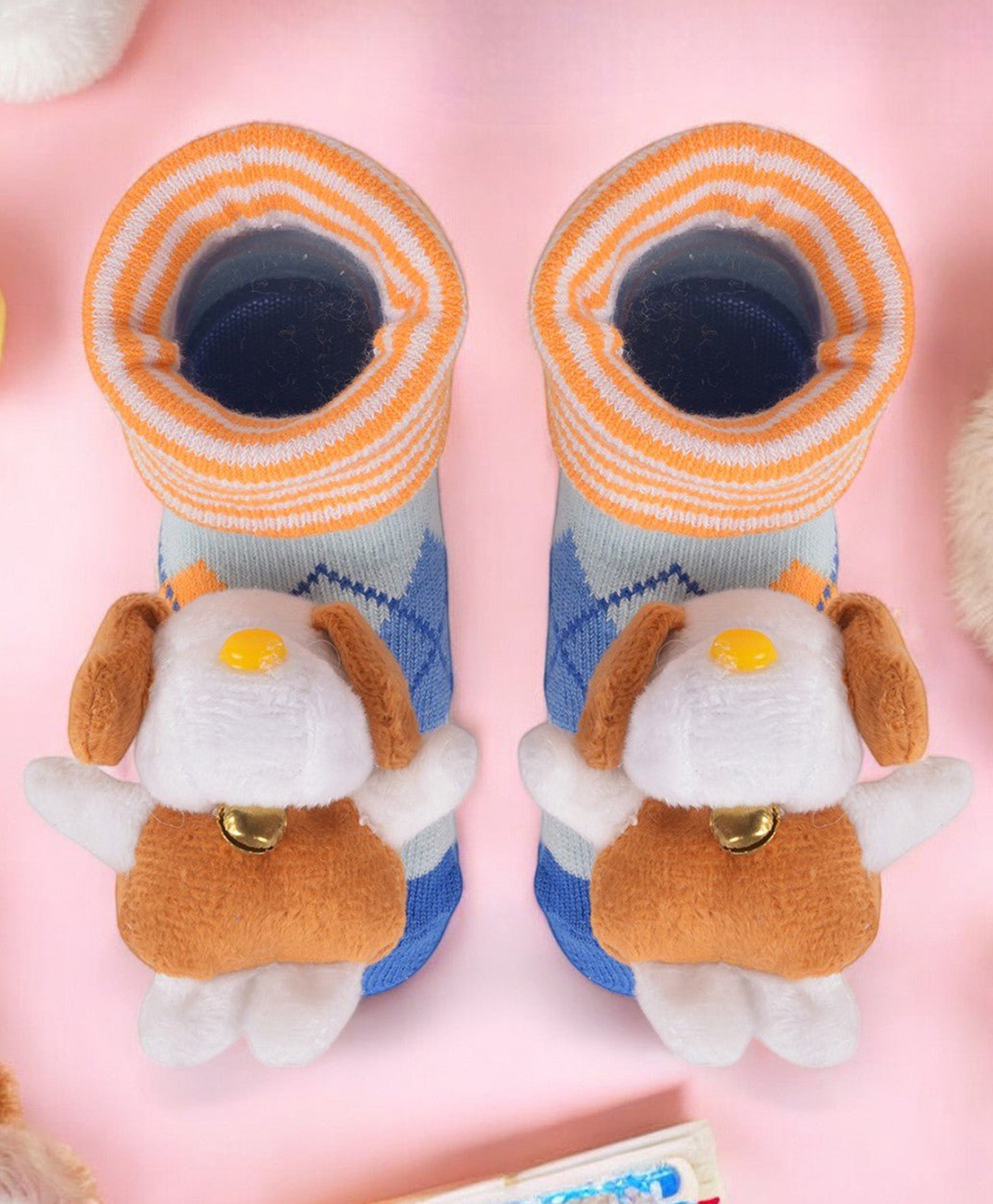 Yellow Bee Cotton Teddy Bear Applique Detailed Colour Blocked Socks - Blue & Beige-image-10