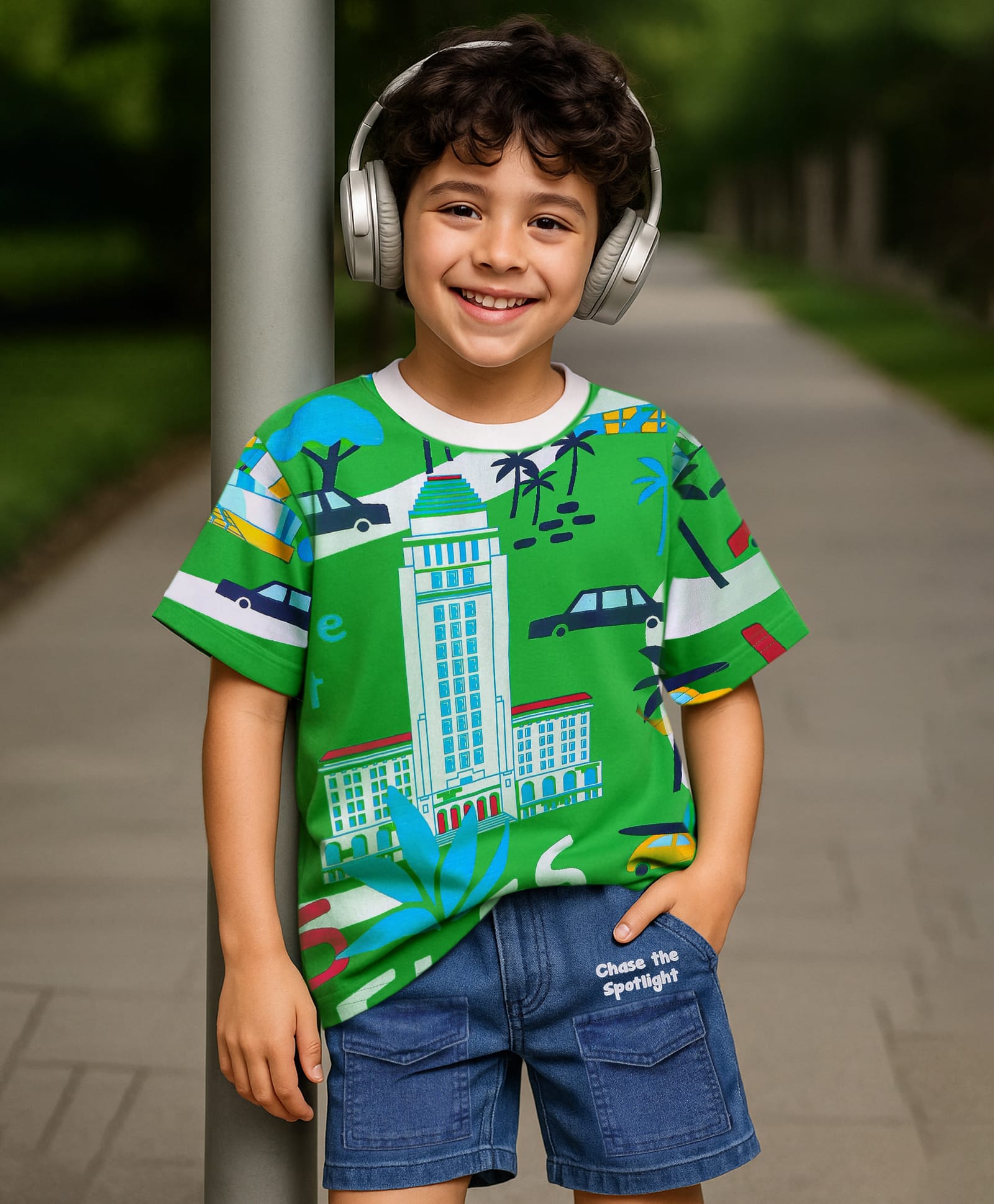 Ollington St. Cotton Knit Half SleevesT-Shirt & Stretchable Denim Shorts Set with City Theme Print - Blue & Green-picture-26