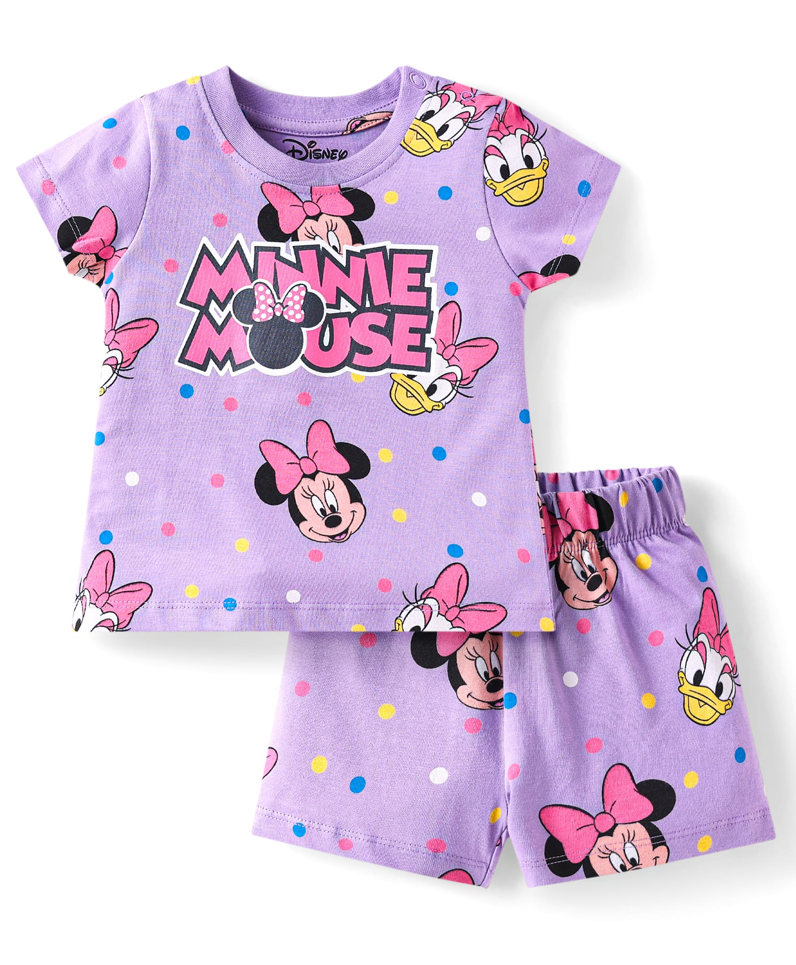 Babyhug Disney Single Jersey Knit Half Sleeves Shorts Nightsuit With Minnie Mouse Graphic - Purple-image-19