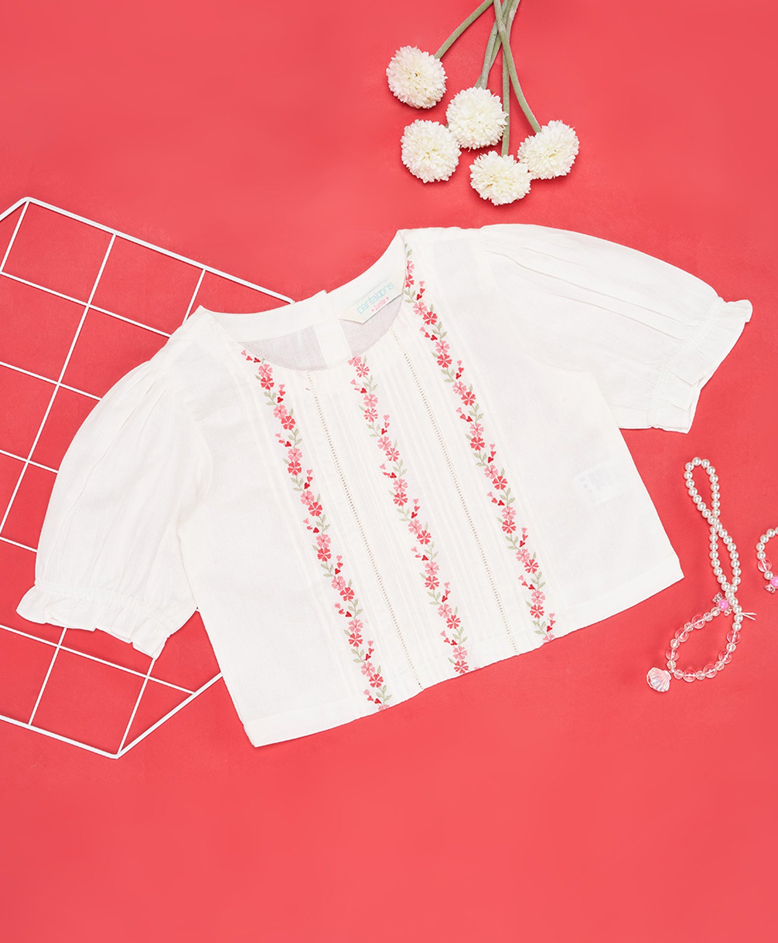 Akkriti by Pantaloons Cotton Flax Half Puffed Sleeves Floral Embroidered Top - White-image-9