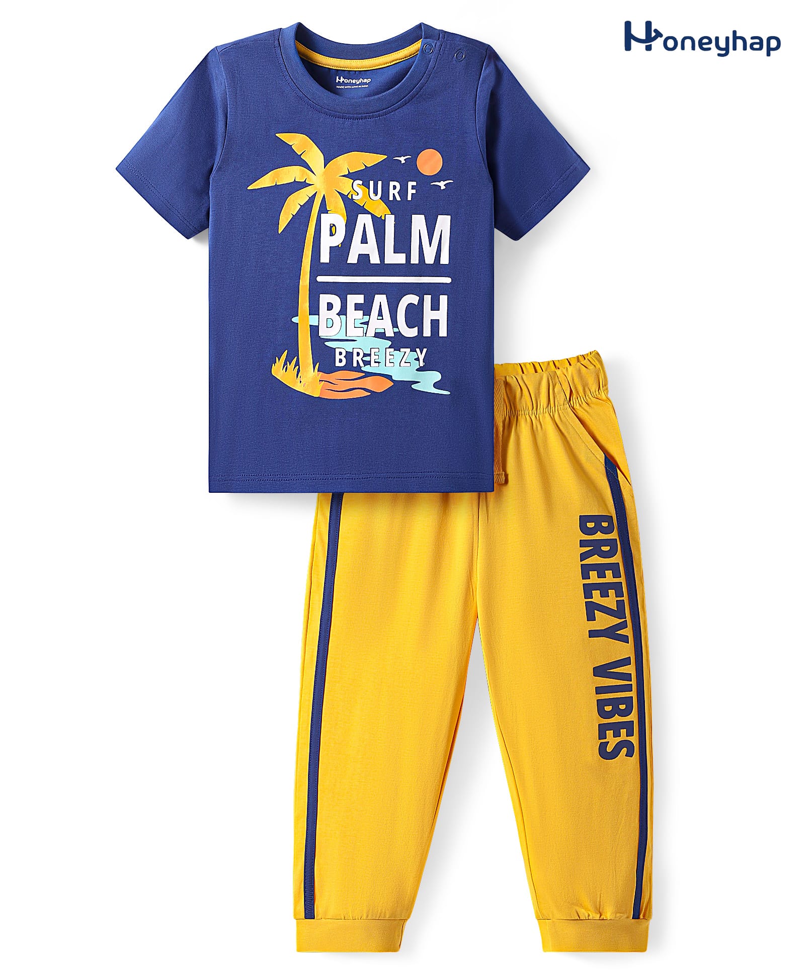 Honeyhap Premium Cotton Knit Half Sleeves Bio Finish Night Suit with Beach Theme Print - Limoges & Old Gold-image-26