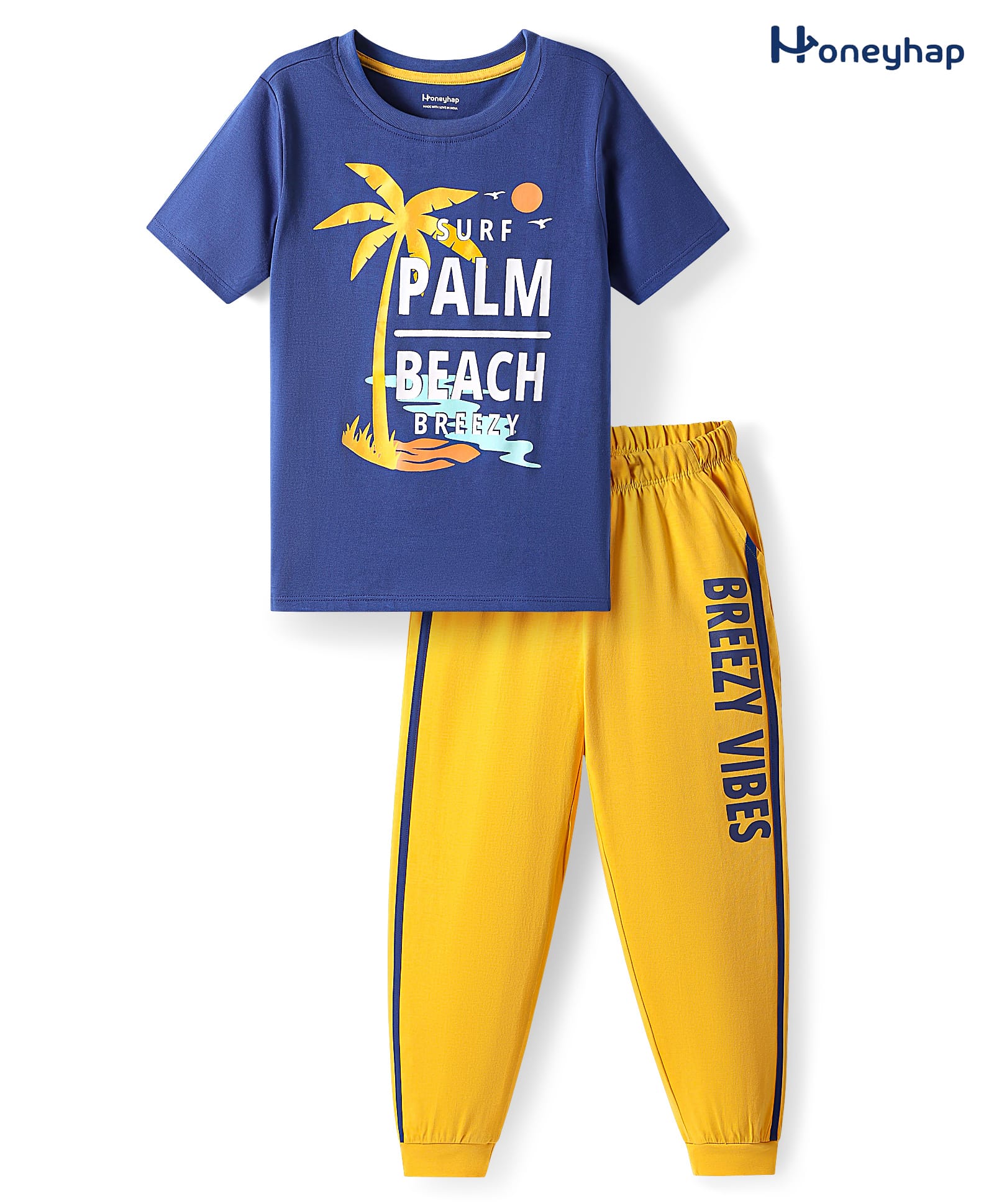 Honeyhap Premium Cotton Knit Half Sleeves Bio Finish Night Suit with Beach Theme Print - Limoges & Old Gold-image-35