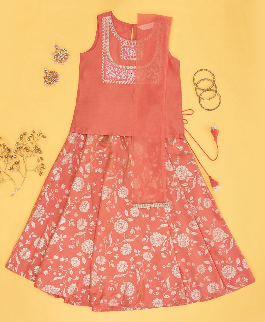 Akkriti by Pantaloons Viscose Rayon Sleeveless Floral Embroidered Lehenga Choli With Dupatta Set - Orange-picture-37