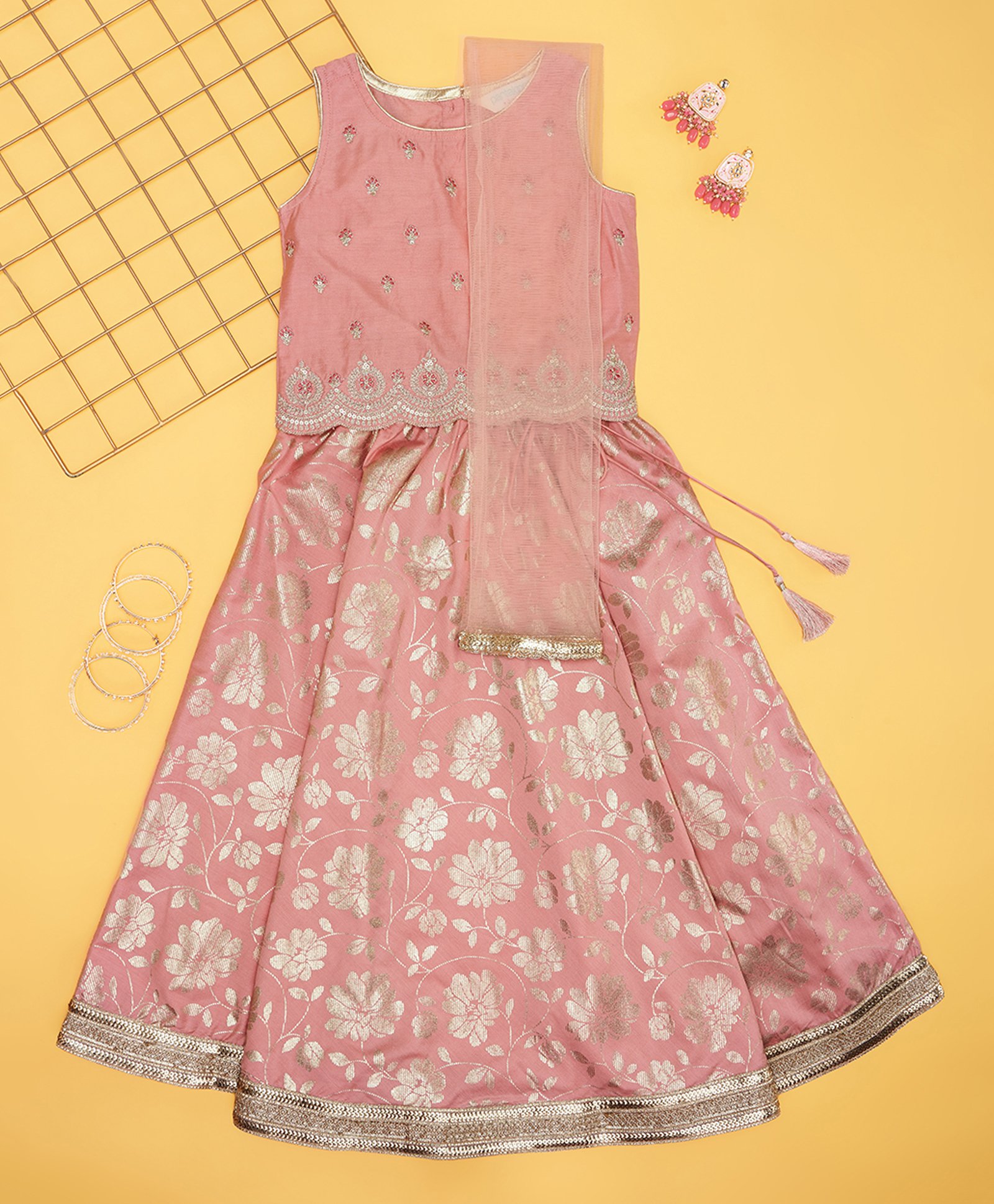 Akkriti by Pantaloons Sleeveless Floral Embroidered & Sequins Embellished Lehenga Choli With Dupatta Set - Pink-picture-12